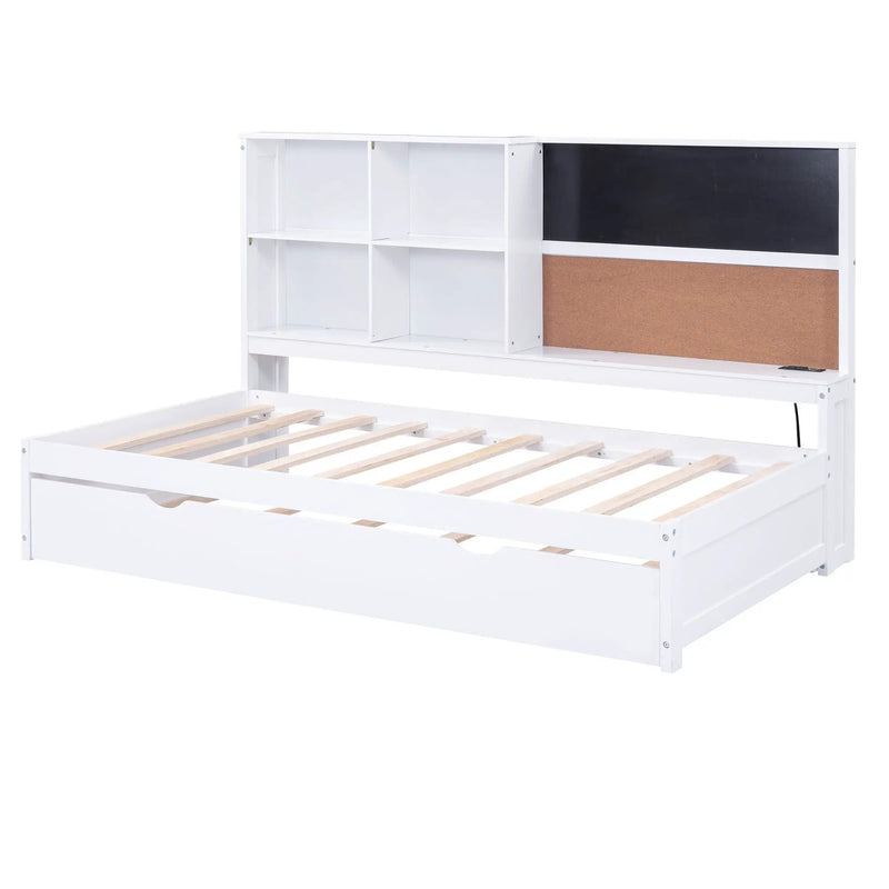 Twin Size Daybed With Storage Shelvesboard, Cork Board, USB Ports And Trundle - White by HouseOfZazla