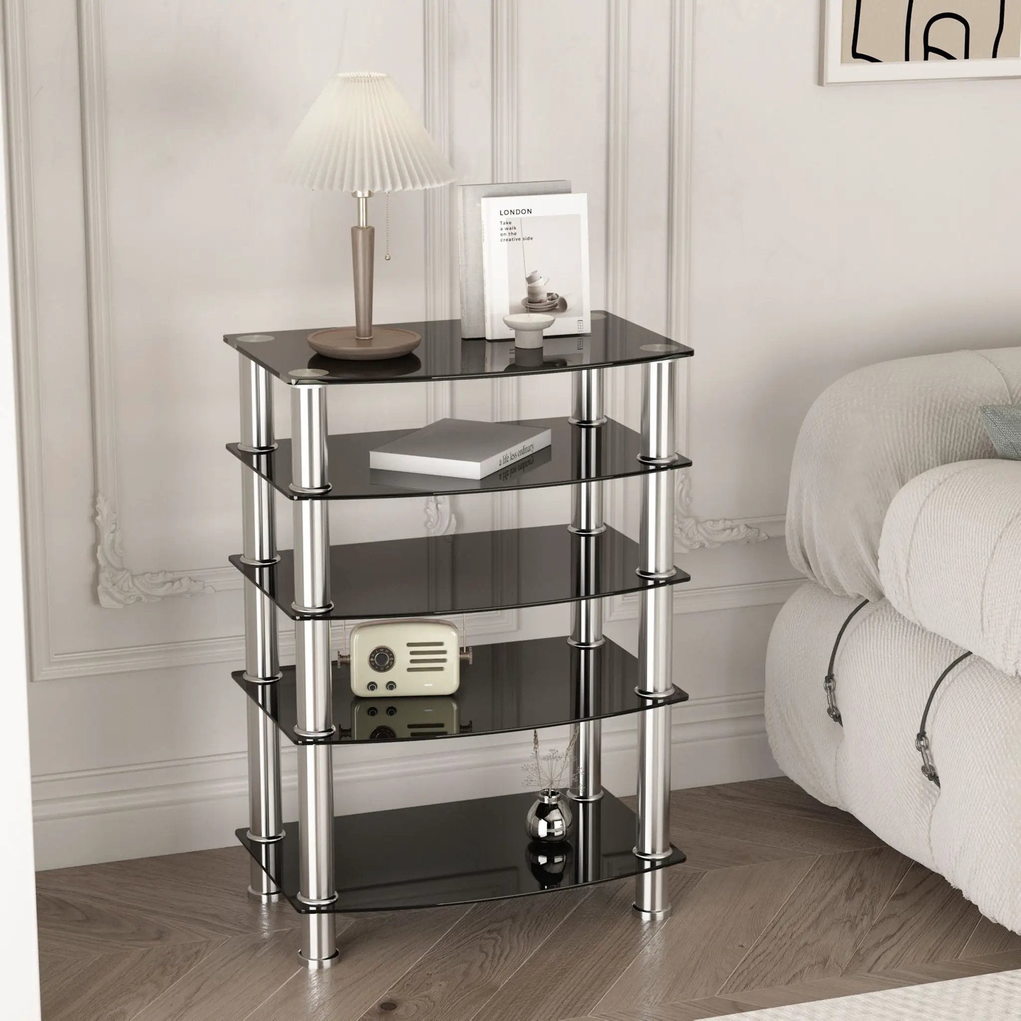 5 Tier Tempered Glass Side Table, Stainless Steel Frame End Table For Living Room, Bedroom - Black by HouseOfZazla