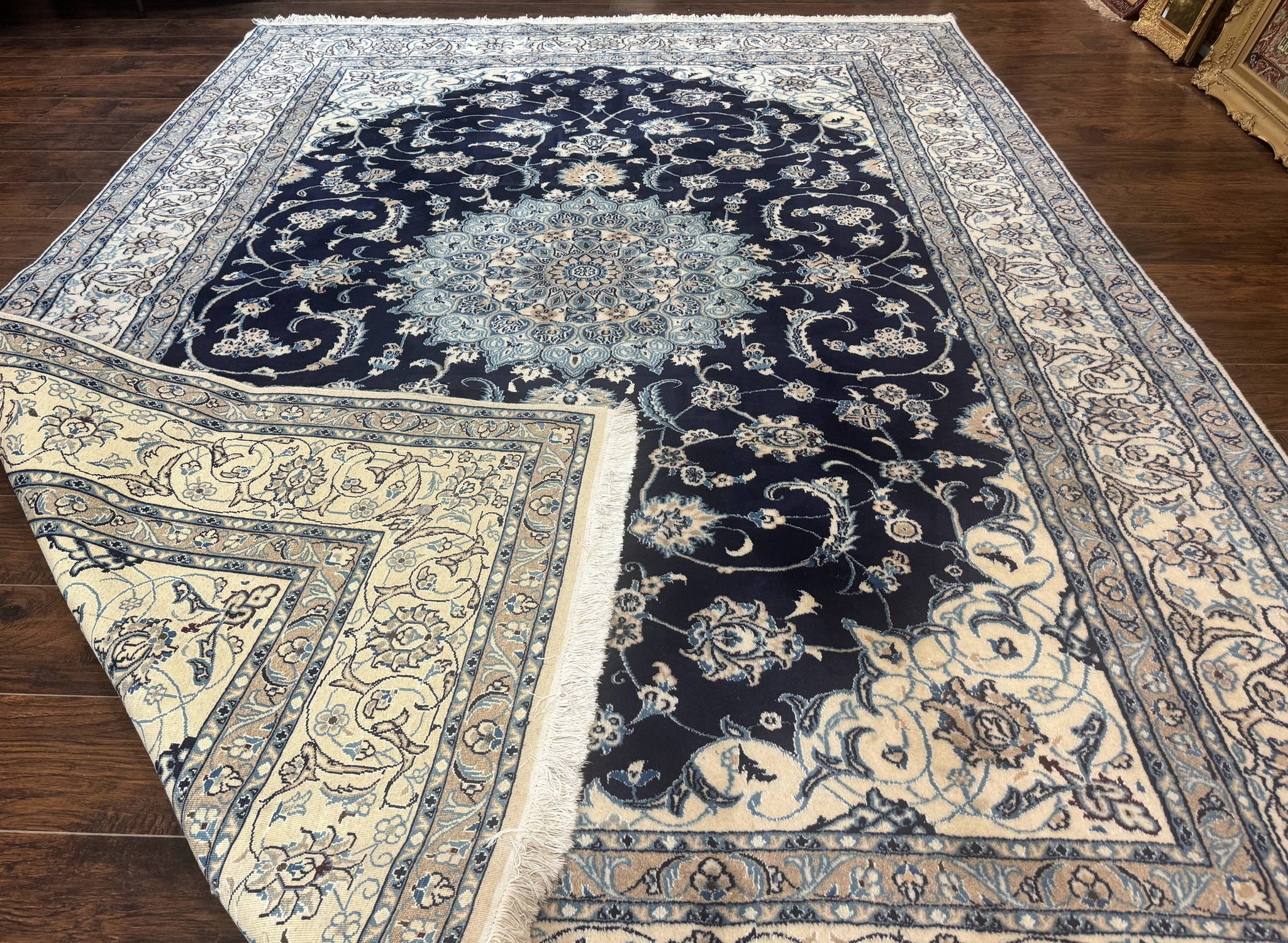 Persian Nain Rug 8x11, Navy Blue and Ivory, Handmade Wool Vintage Carpet, Floral Medallion by Jewel Rugs