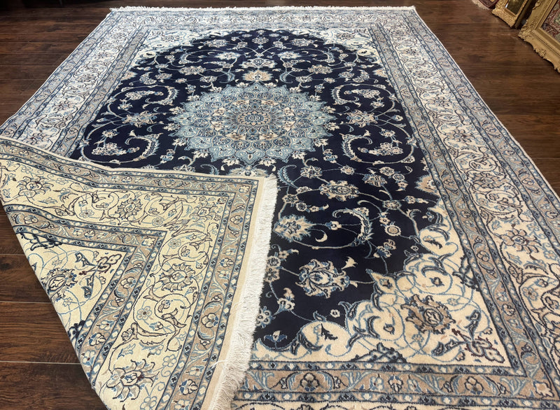 Persian Nain Rug 8x11, Navy Blue and Ivory, Handmade Wool Vintage Carpet, Floral Medallion by Jewel Rugs