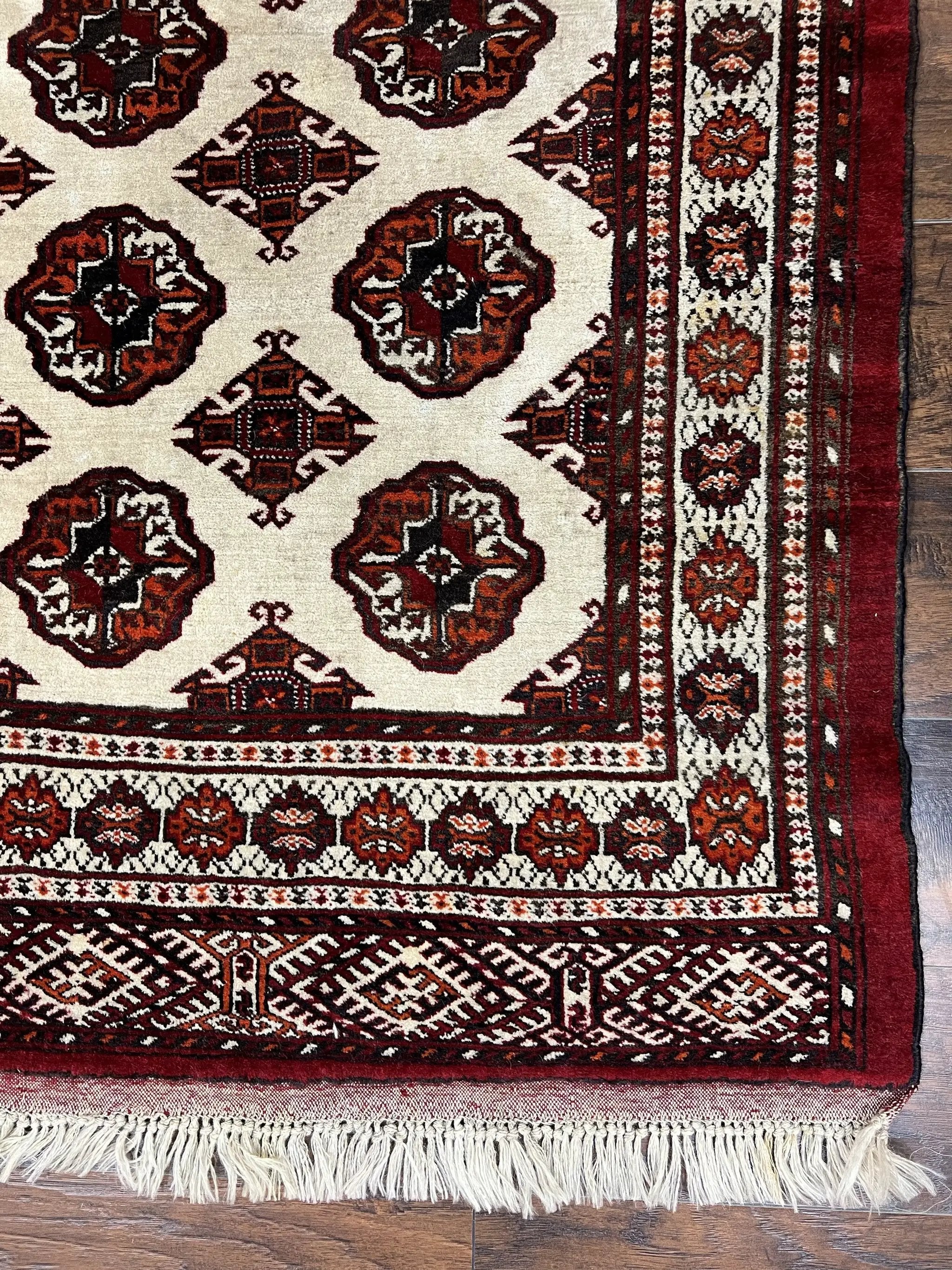 Persian Turkoman Rug 7x8, Almost Square Rare, Hand Knotted, Yamud, Bohemian Rug, Handmade Tribal Rug, Cream Red, Handmade Oriental Carpet by Jewel Rugs