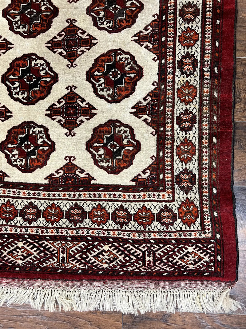 Persian Turkoman Rug 7x8, Almost Square Rare, Hand Knotted, Yamud, Bohemian Rug, Handmade Tribal Rug, Cream Red, Handmade Oriental Carpet by Jewel Rugs