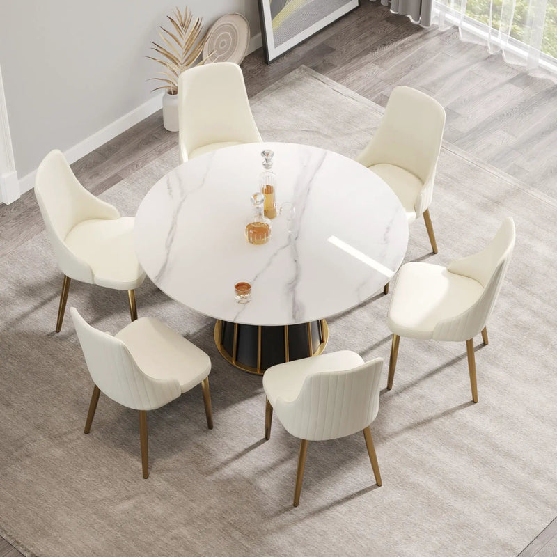 53.15" Modern Artificial Stone Round Panel Metal Iron Base Dining Table, Can Accommodate 6 People, (Not Including Chairs) - White / Black by HouseOfZazla