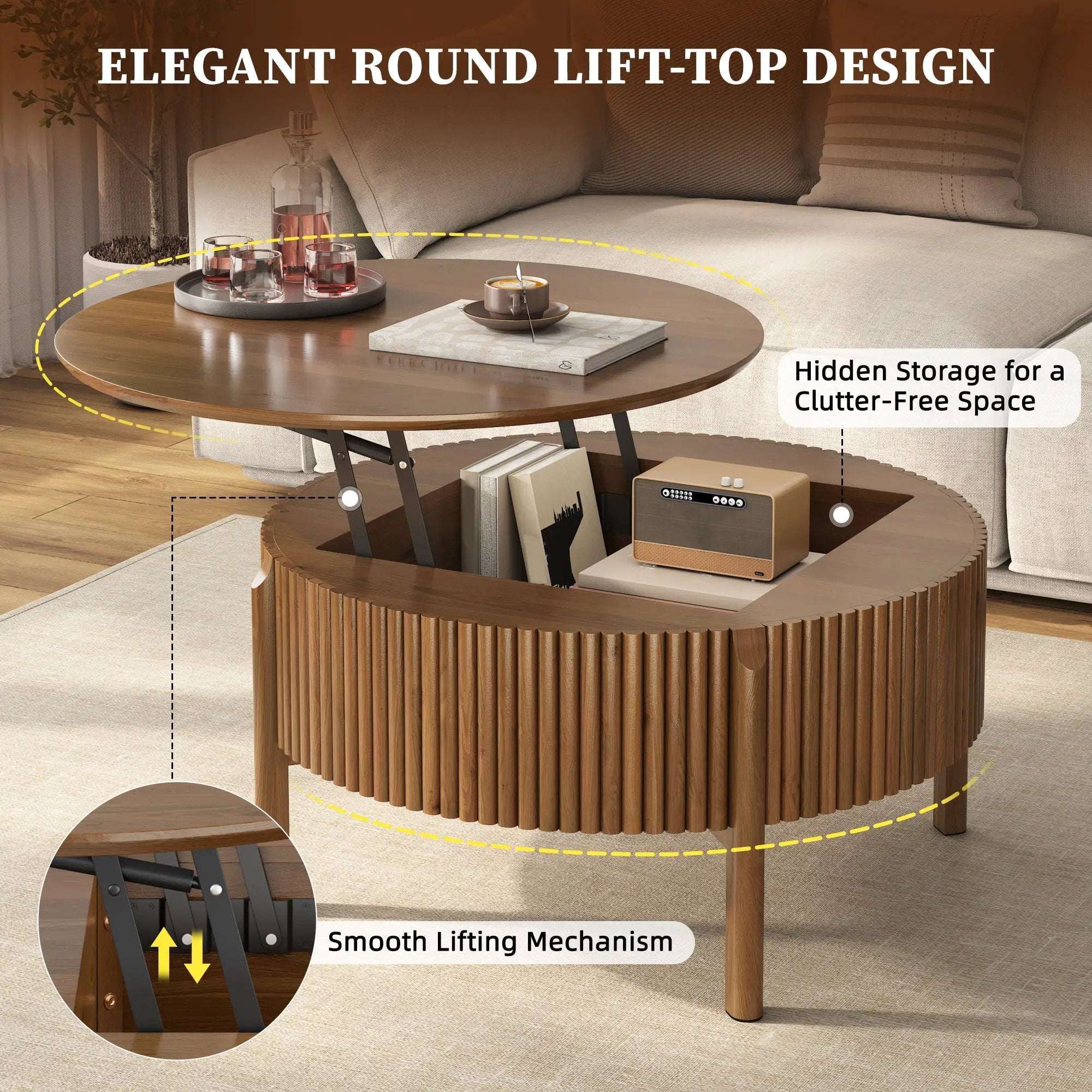 Round Lift Top Coffee Table with Hidden Storage by HouseOfZazla