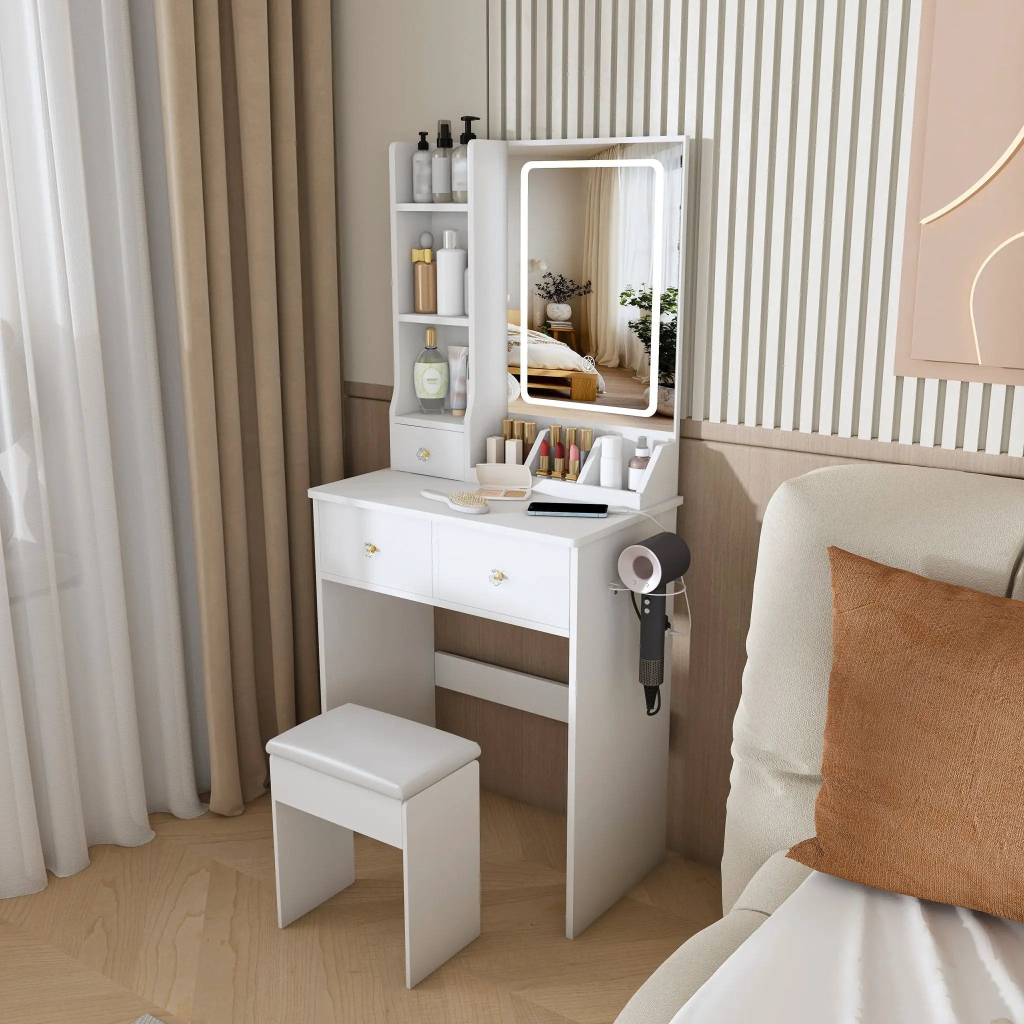 Modern Small Vanity Desk With 3 LED Lighting Modes, 3 Drawers by HouseOfZazla
