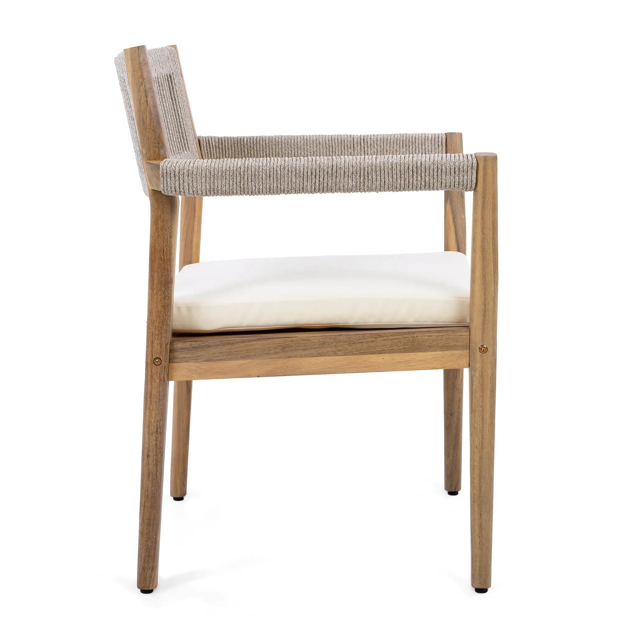 Braided Acacia Wood Outdoor Dining Chairs Set of 2 – Teak Look with Beige Rope & Cream Cushions by HouseOfZazla