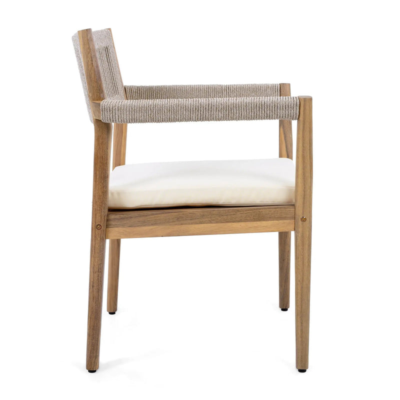 Braided Acacia Wood Outdoor Dining Chairs Set of 2 – Teak Look with Beige Rope & Cream Cushions by HouseOfZazla