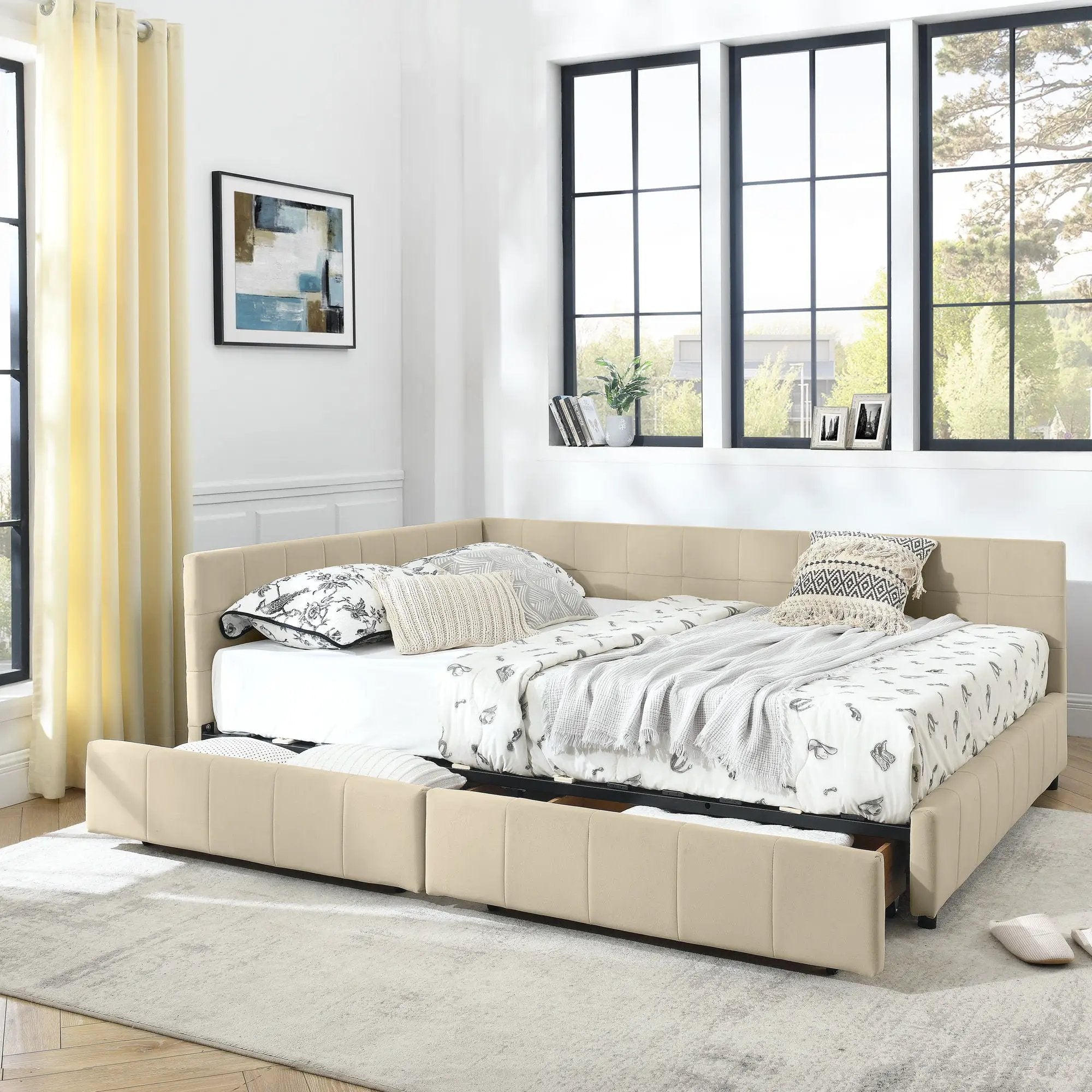 Mid-Century Storage Upholstered Tufted Bed Frame With Backrest And Armrests by Unique Piece Furniture