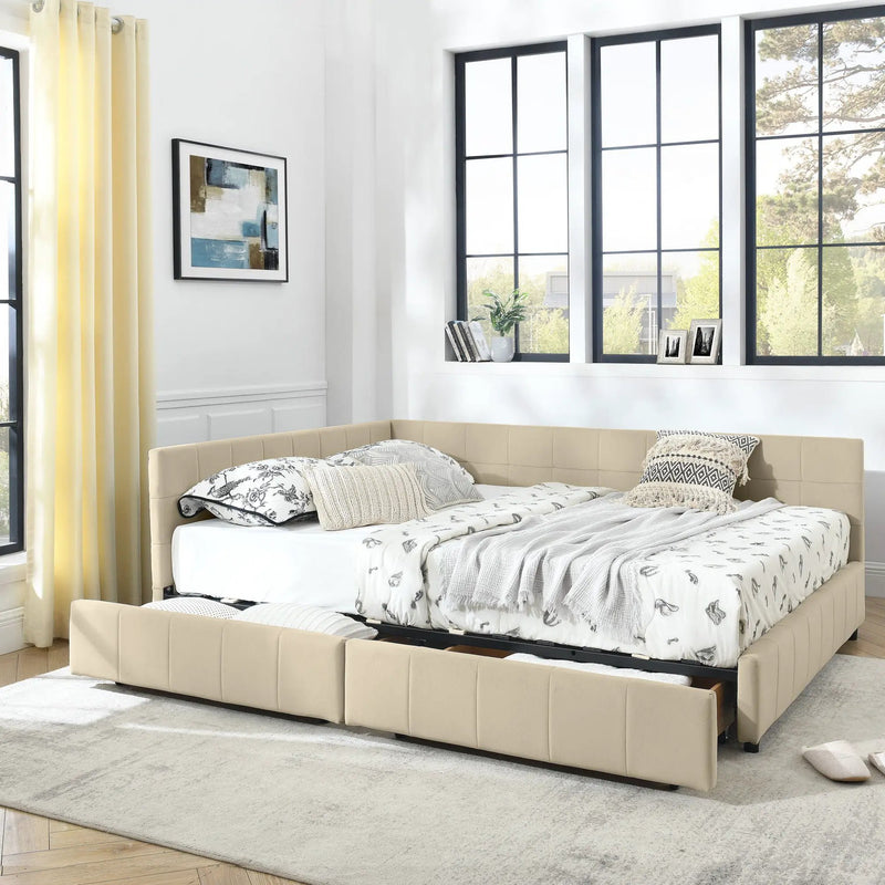 Mid-Century Storage Upholstered Tufted Bed Frame With Backrest And Armrests by Unique Piece Furniture