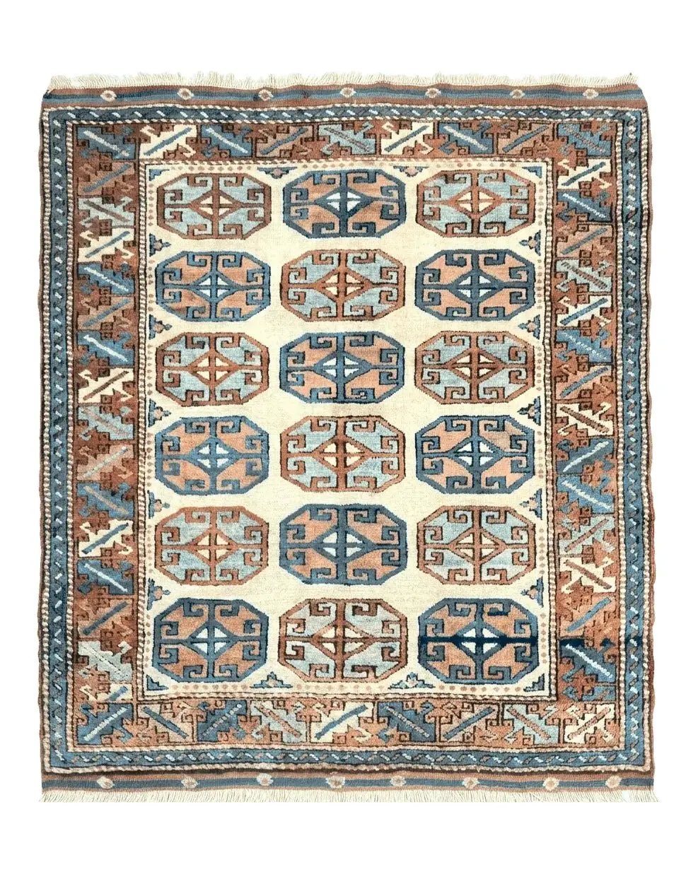 Turkish Kazak Rug 3x4, Wool Hand Knotted Handmade Vintage Carpet, Geometric Tribal Repeated Motif, Small 3 x 4 Antique Rug, Cream Red by Jewel Rugs