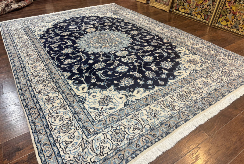 Persian Nain Rug 8x11, Navy Blue and Ivory, Handmade Wool Vintage Carpet, Floral Medallion by Jewel Rugs