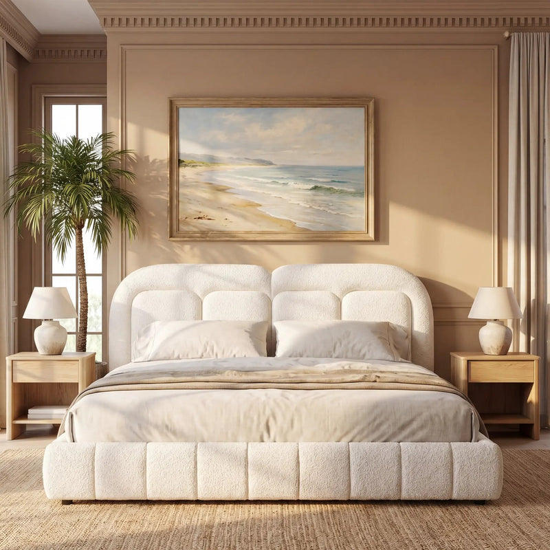 Queen Size Boucle Upholstered Platform Bed with Tufted Headboard by HouseOfZazla