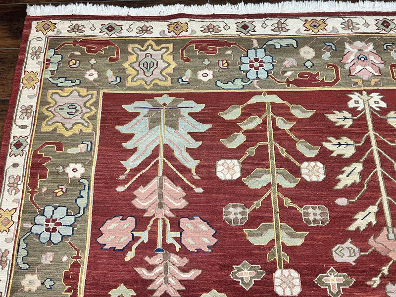 Indian Rug 10x14, Wool Hand Knotted Flatweave Carpet, Tree of Life, Red and Green by Jewel Rugs