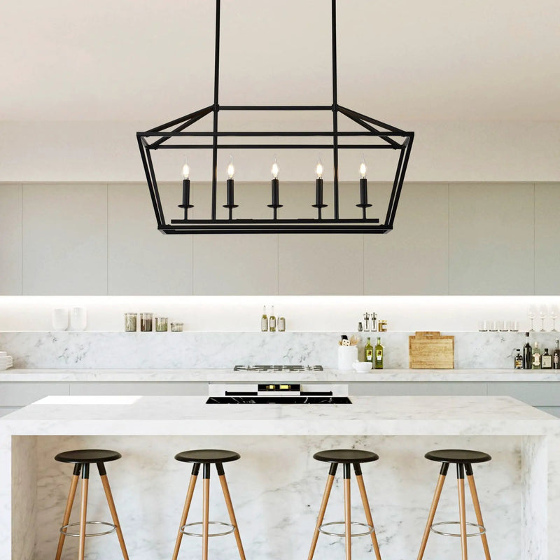 5 Light Farmhouse Kitchen Island Lighting, 5 Light Industrial Linear Chandelier For Dining Room Metal Hanging Pendant Light Fixture For Bedroom Living Room Hallway Conference Room - Matte Black by HouseOfZazla