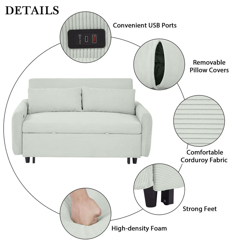 Pull-Out 2 Seat Modern Sleeper Sofa With 2 Throw Pillows And USB Ports by HouseOfZazla