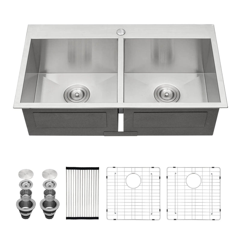 Double Bowl Drop In Sink, Stainless Steel With 50 / 50 Basins 18 Gauge - Brushed Nickel by HouseOfZazla