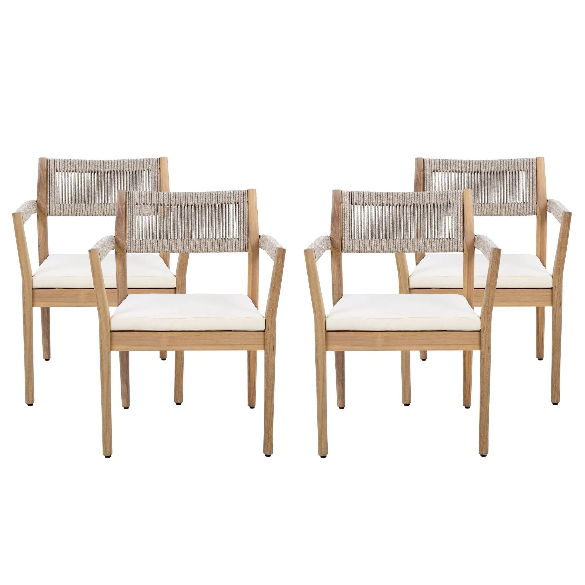 Braided Acacia Wood Outdoor Dining Chairs Set of 2 – Teak Look with Beige Rope & Cream Cushions by HouseOfZazla