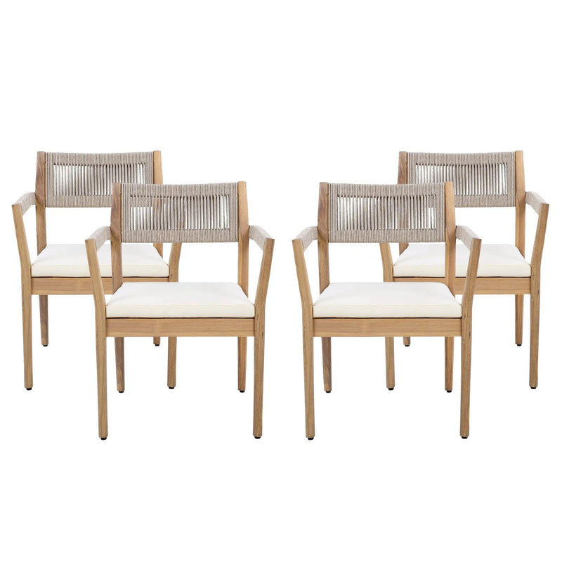 Braided Acacia Wood Outdoor Dining Chairs Set of 2 – Teak Look with Beige Rope & Cream Cushions by HouseOfZazla