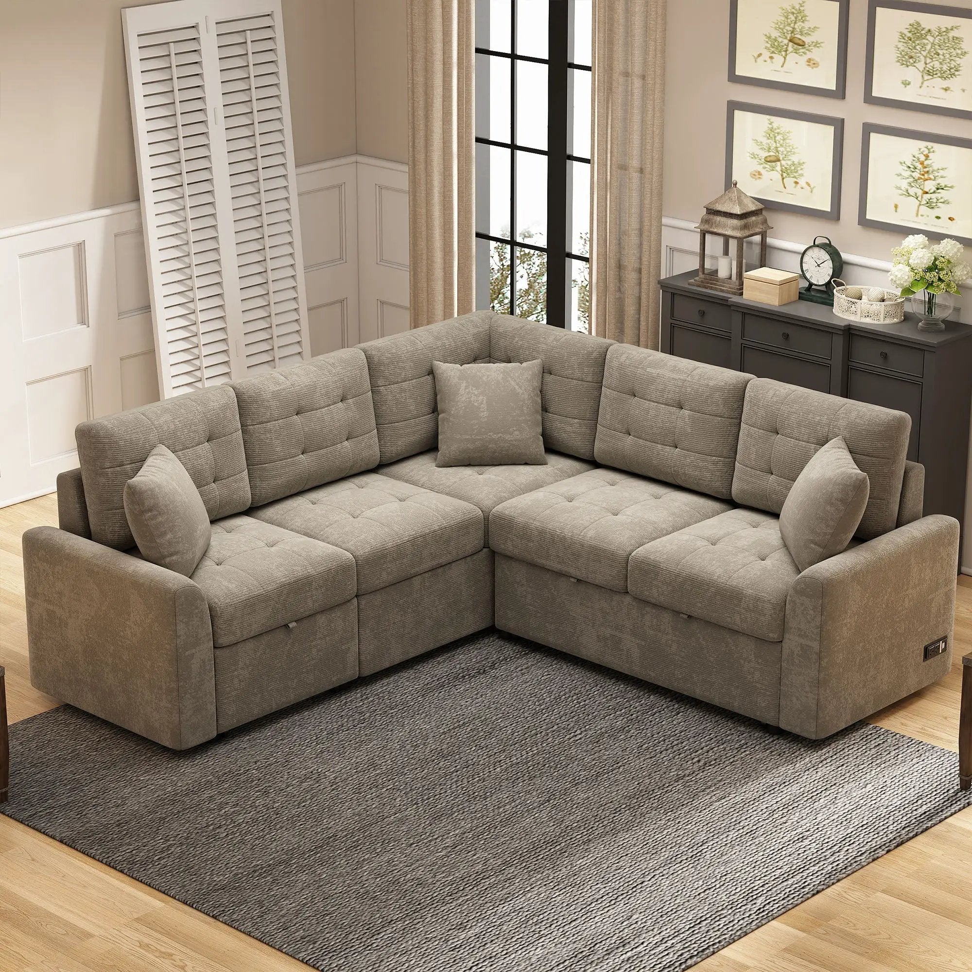 L-Shape Sofa Bed Pull-Out Sleeper Sofa With Wheels, USB Ports, Power Sockets For Living Room by Unique Piece Furniture