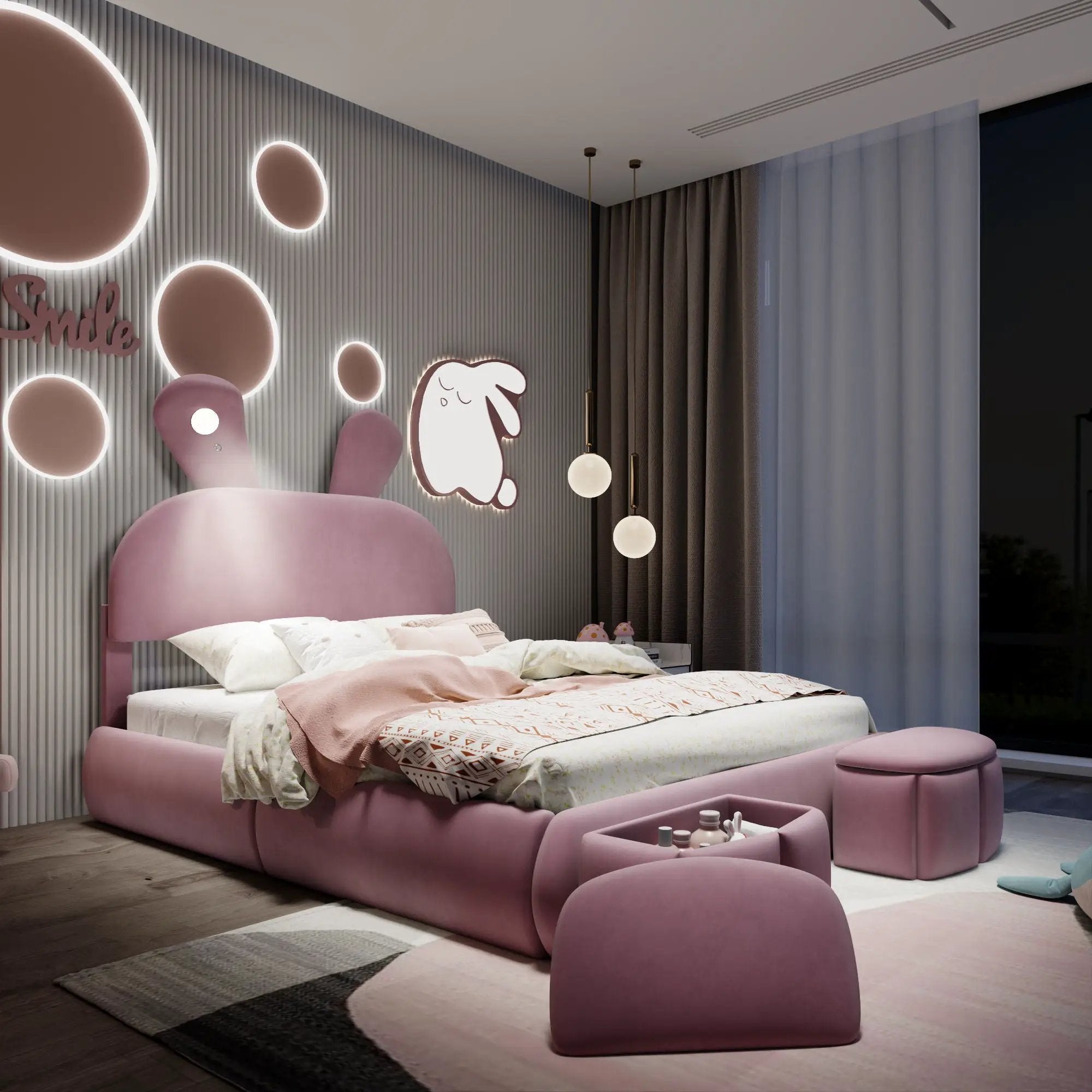 Full Upholstered Platform Bed With Cartoon Ears Headboard And LED Light - Pink by HouseOfZazla