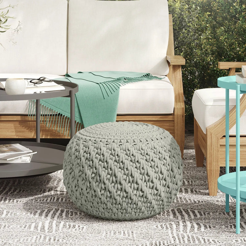 Nisi - Round Knitted Outdoor / Indoor Pouf - Light Gray by Unique Piece Furniture