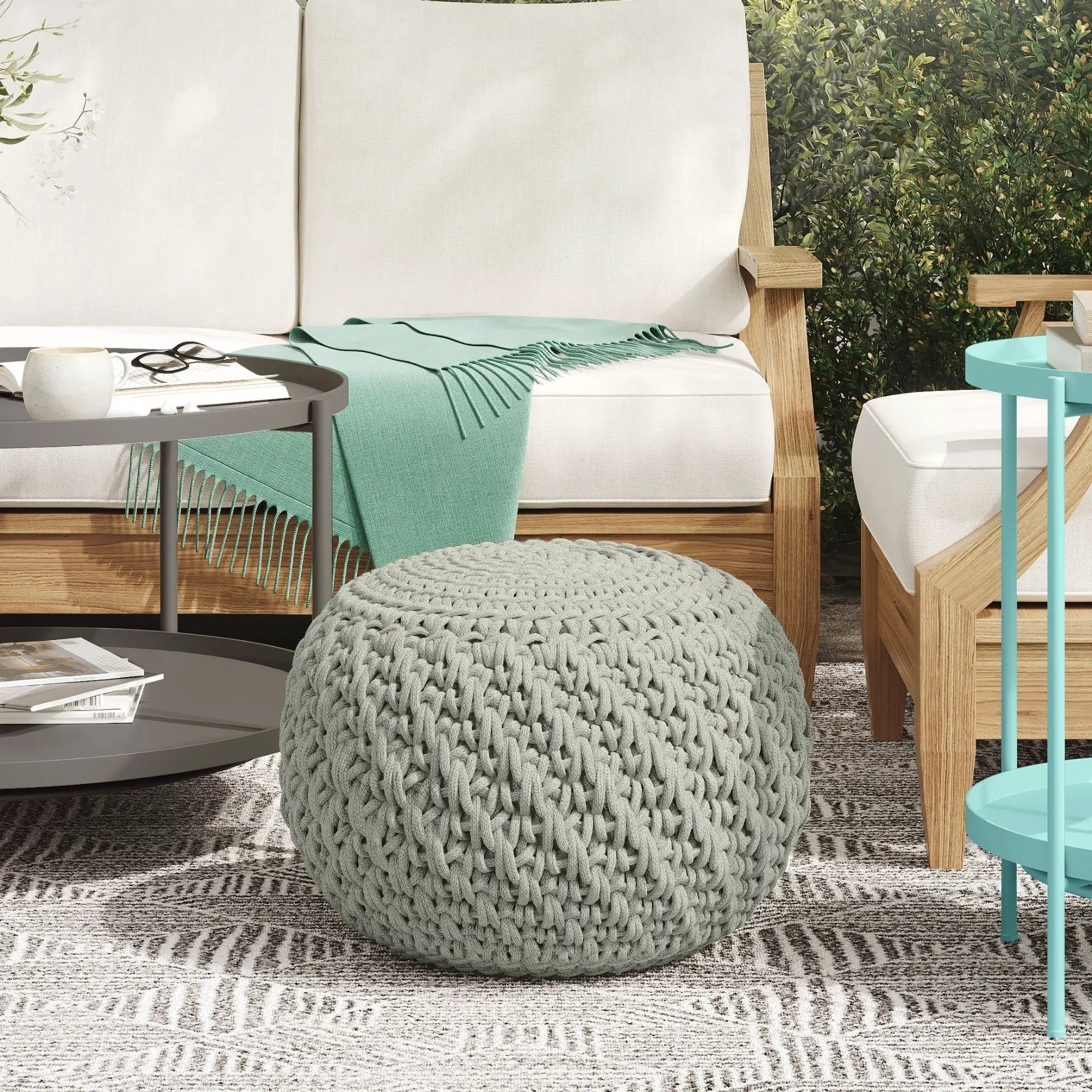 Nisi - Round Knitted Outdoor / Indoor Pouf - Light Gray by HouseOfZazla