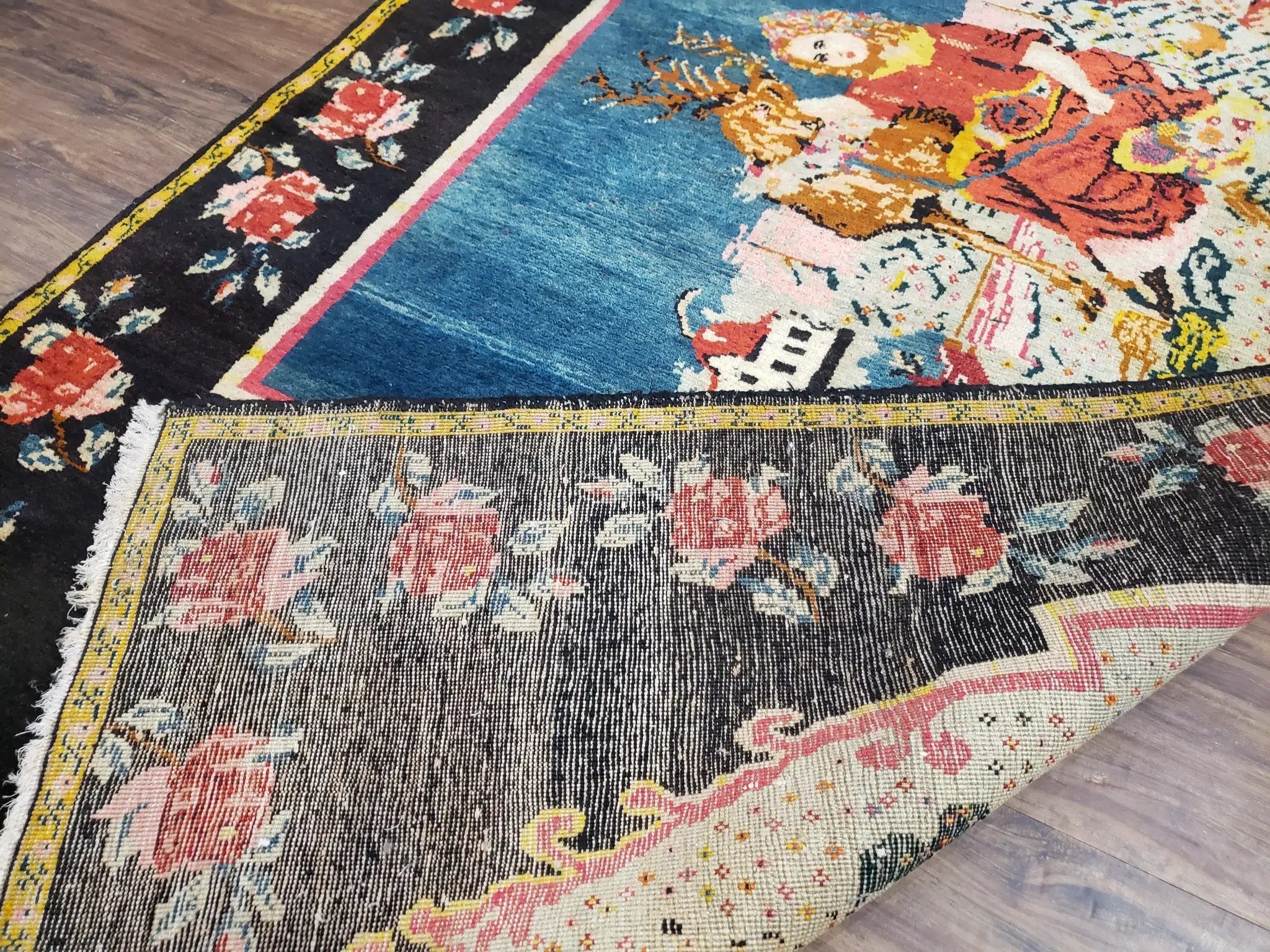 Antique Persian Pictorial Rug 4'6" x 9', Wool Hand-Knotted Blue Roses Karabagh Caucasian Carpet, 1920s Girl Deer Tapestry Wall Hanging Rug by Jewel Rugs