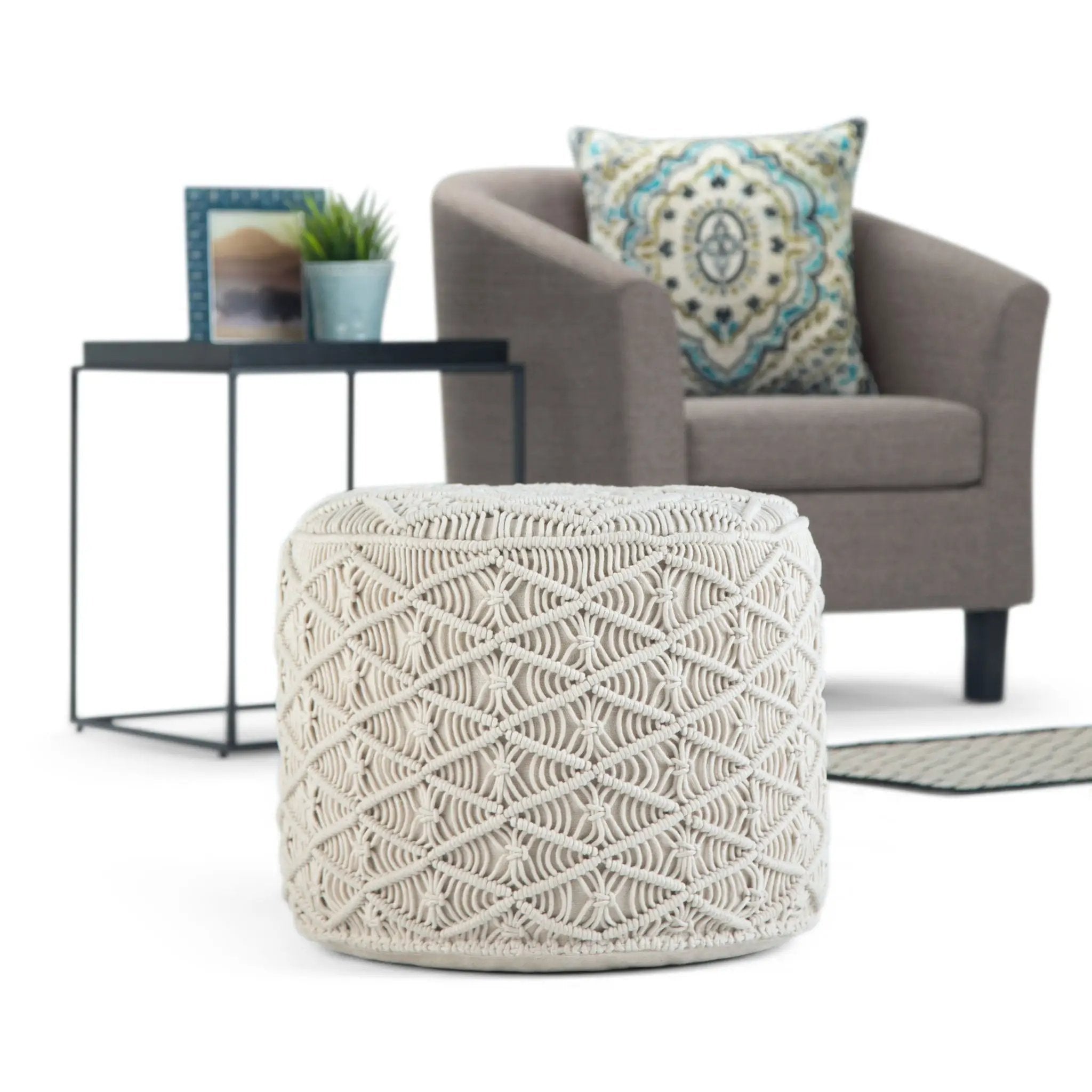 Coates - Round Macrame Pouf - Natural by Unique Piece Furniture
