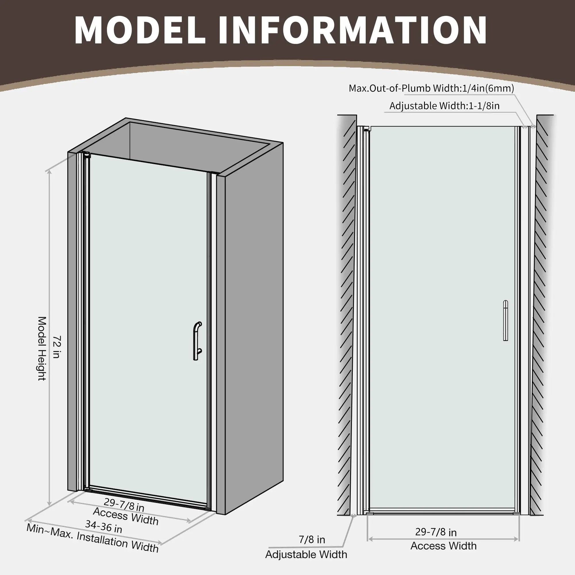 34 In. to 36 In. x 72 In. Semi-Frameless Pivot Shower Door by HouseOfZazla