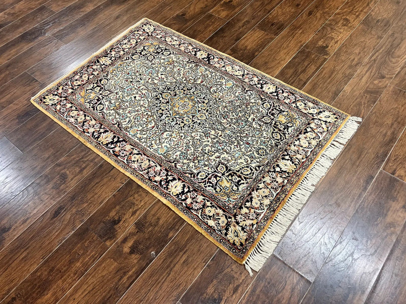 Silk Persian Qum Rug 4x5, Hand Knotted Vintage Carpet, Cream & Navy Blue, Silk Pile on Silk Foundation, Very Fine 360 KPSI by Jewel Rugs