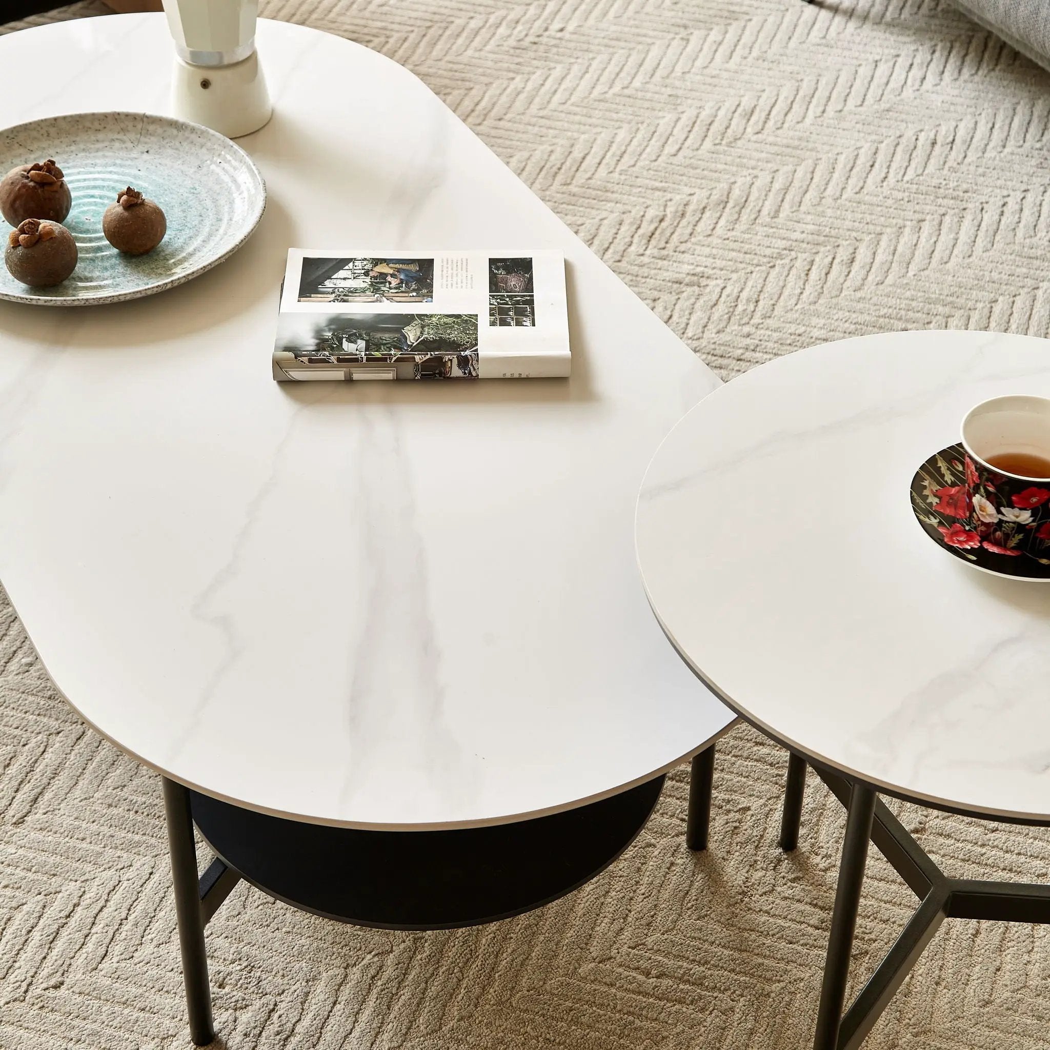 Contemporary Coffee Table Sintered Stone Surface With Ceramic Finish Double Layer Design Base Matte Shelf Modern Living Room Center Table - White / Gray by HouseOfZazla