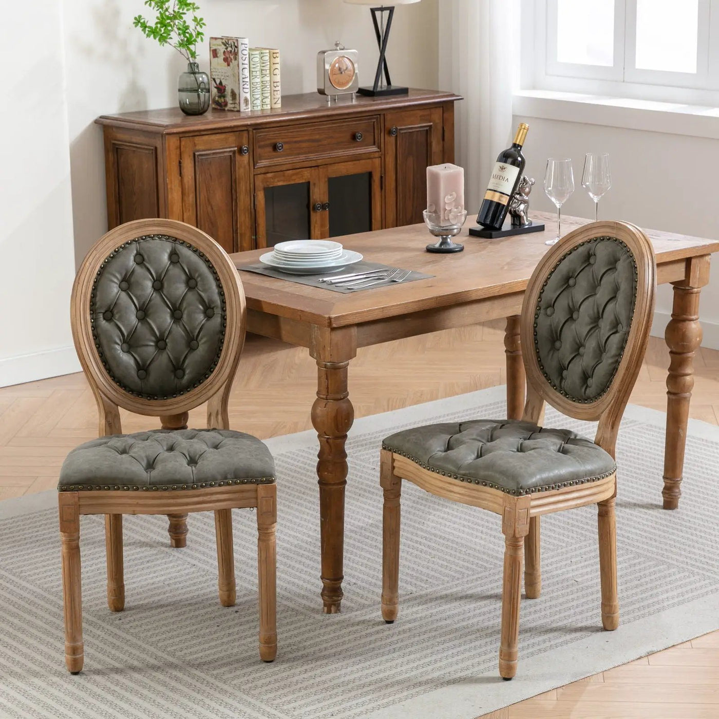 French Style Solid Wood Frame Antique Painting, Hand-Pulled Buckle Decoration Artificial Dining Chair With Nailhead Trim, Wood Legs by HouseOfZazla