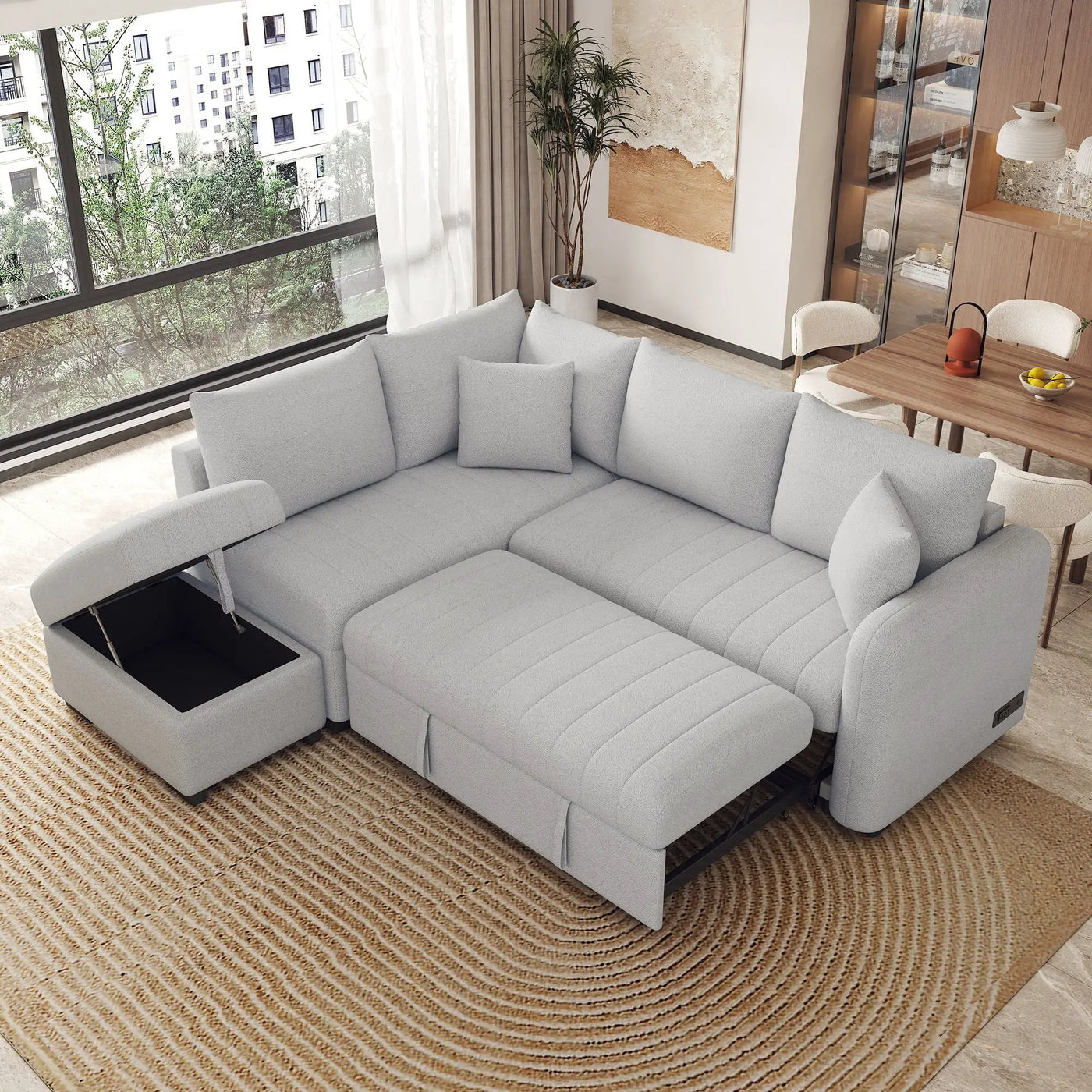 L-Shaped Sectional Pull Out Sofa Bed Sleeper Sofa With Two USB Ports, Two Power Sockets And A Movable Storage Ottoman by HouseOfZazla