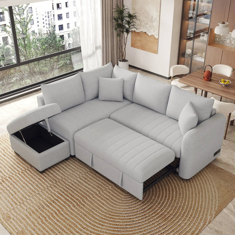 L-Shaped Sectional Pull Out Sofa Bed Sleeper Sofa With Two USB Ports, Two Power Sockets And A Movable Storage Ottoman by HouseOfZazla