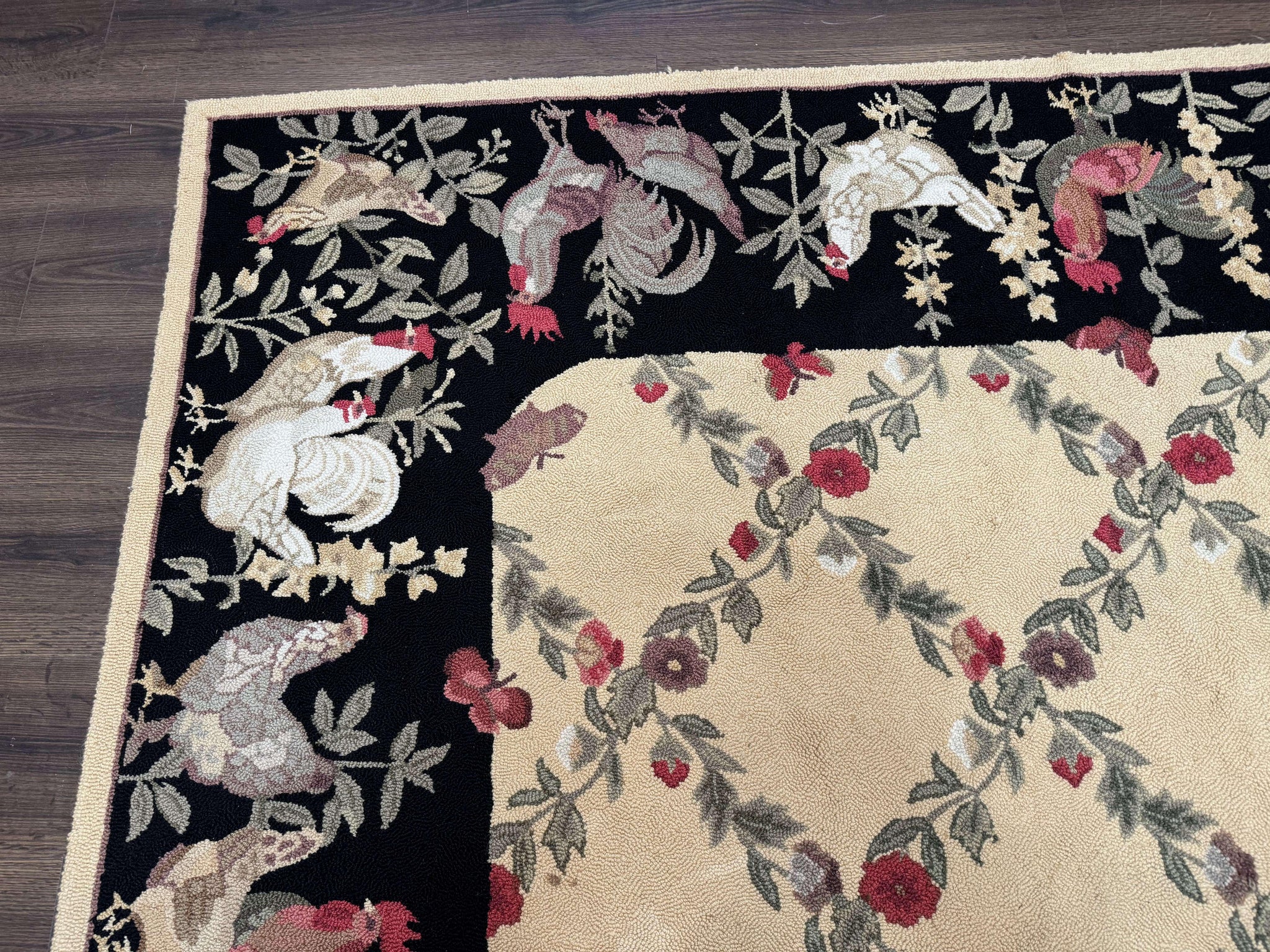 Vintage Hooked Rug 7x9, Rosters in Border, Roses and Butterflies by Jewel Rugs