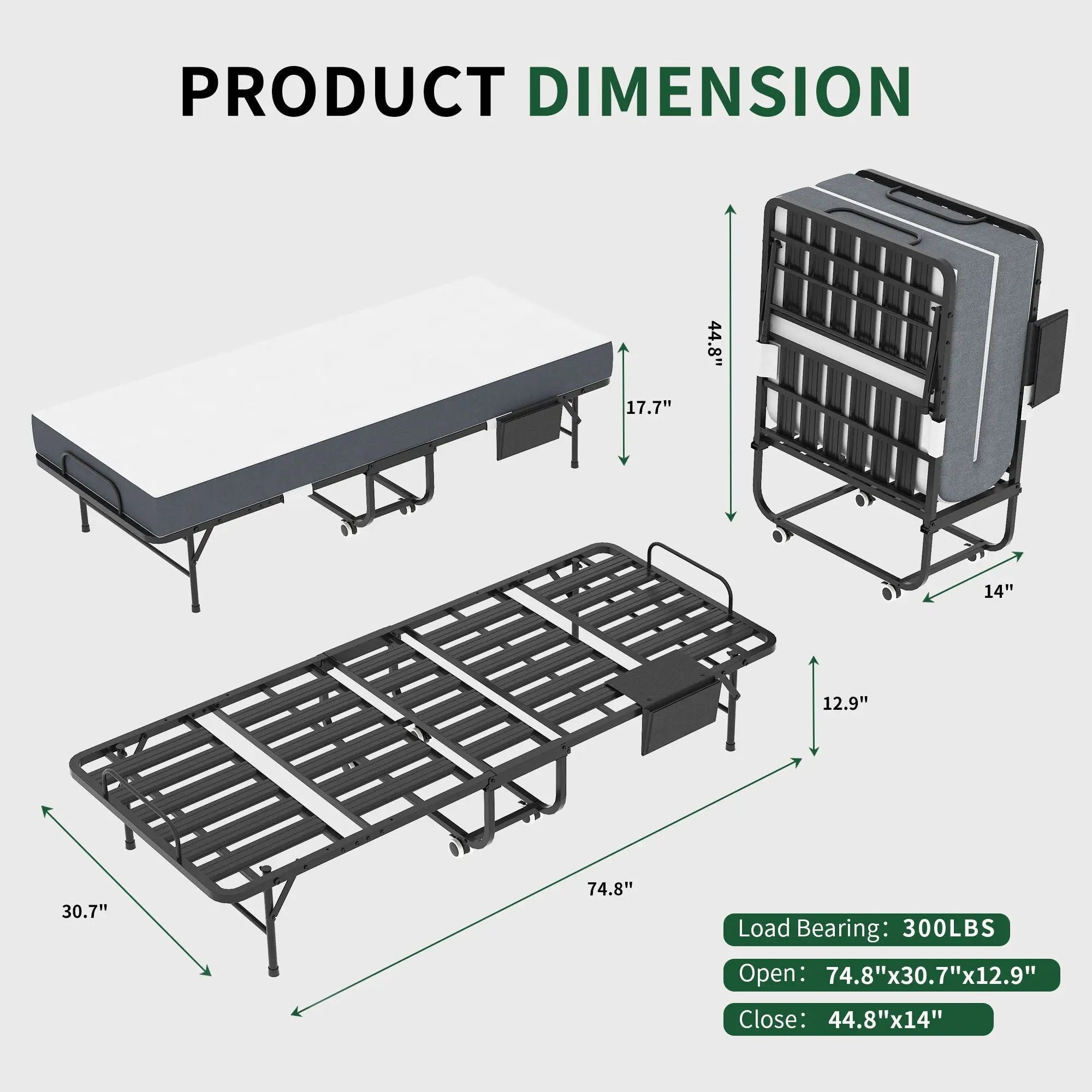 Twin Folding Bed With Memory Foam Mattress, On Wheels, Portable Bed For Adults & Guests - Black by Unique Piece Furniture