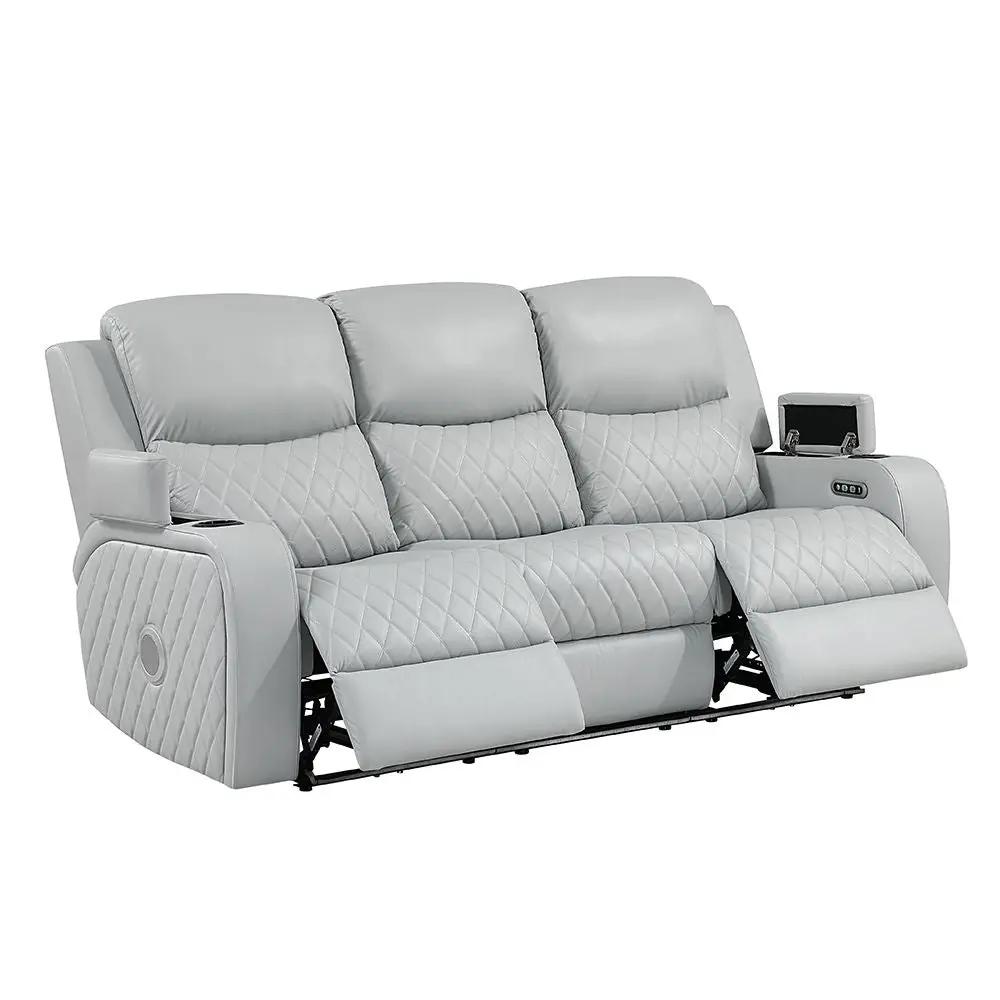 Elonzo - Power Motion Sofa With LED, Power Headrest & Speaker - Light Gray by Unique Piece Furniture
