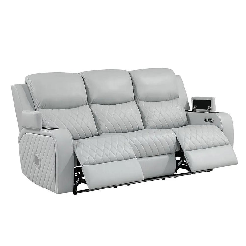 Elonzo - Power Motion Sofa With LED, Power Headrest & Speaker - Light Gray by Unique Piece Furniture