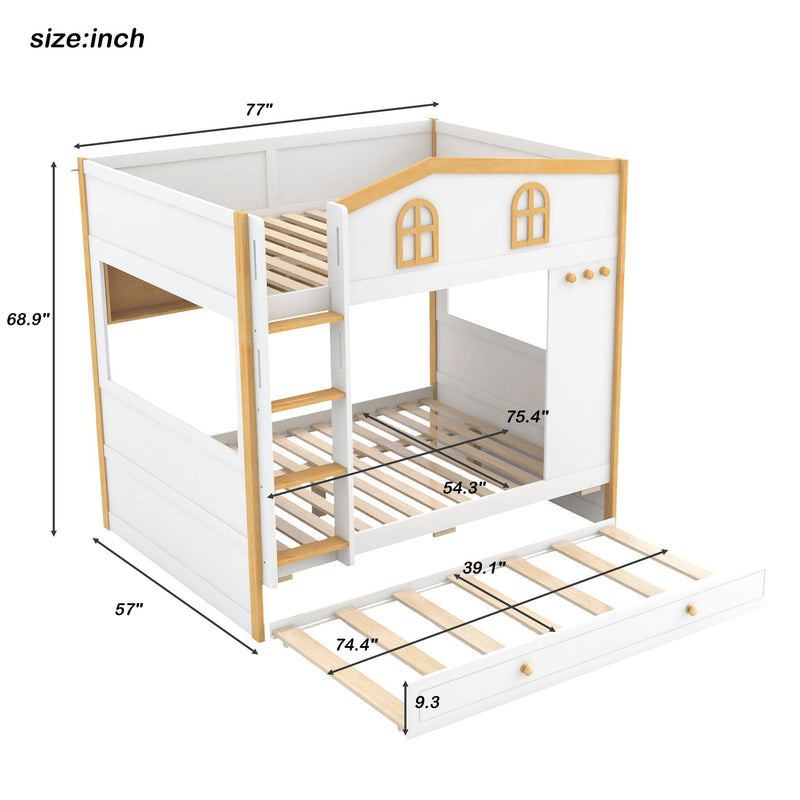 Full Over Full Bunk Bed With Storage Shelves And Trundle - White / Natural by HouseOfZazla