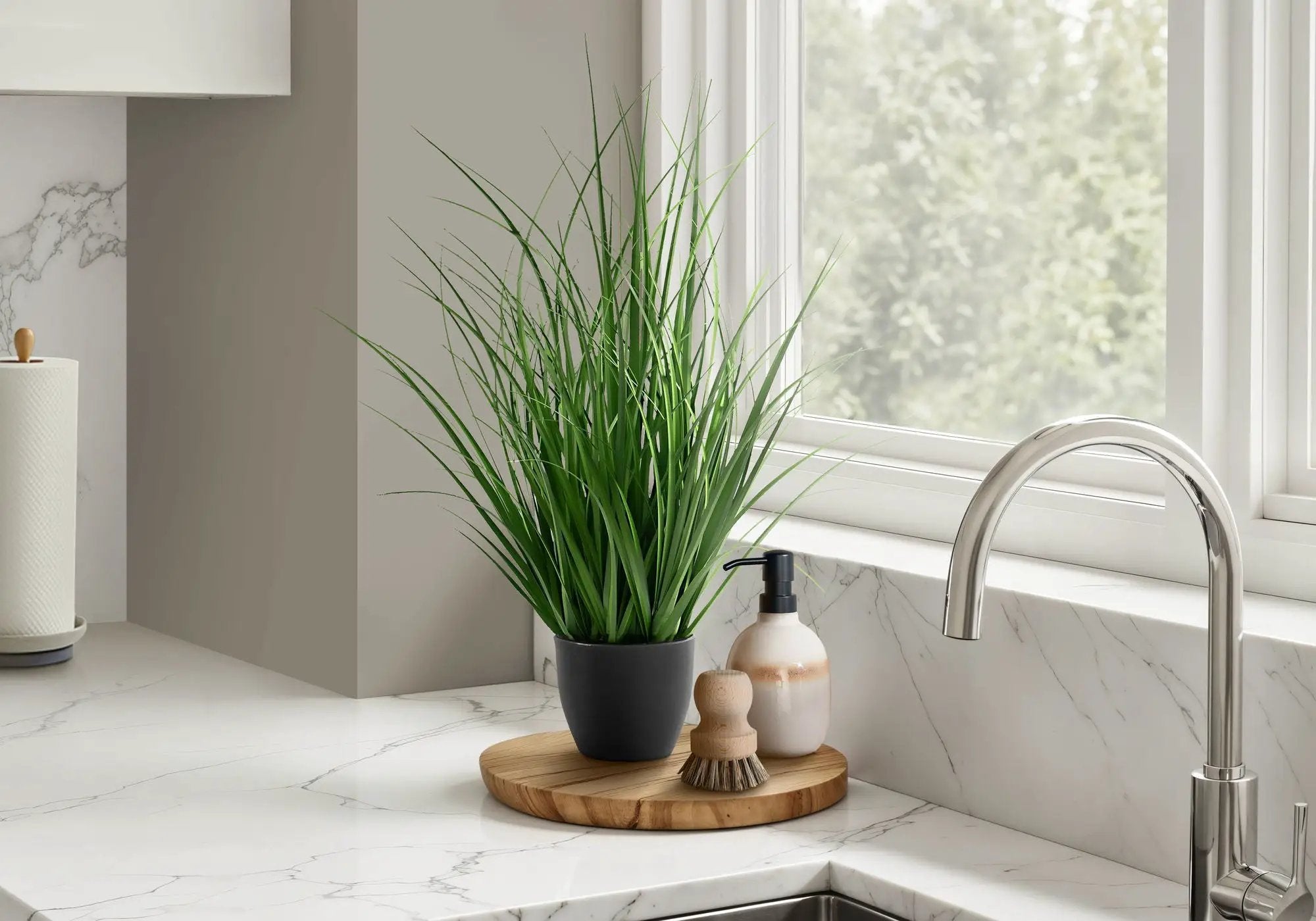 23" Tall, Artificial Plant, Grass, Indoor, Faux, Fake, Table, Greenery, Potted, Real Touch, Decorative - Green / Black by Unique Piece Furniture