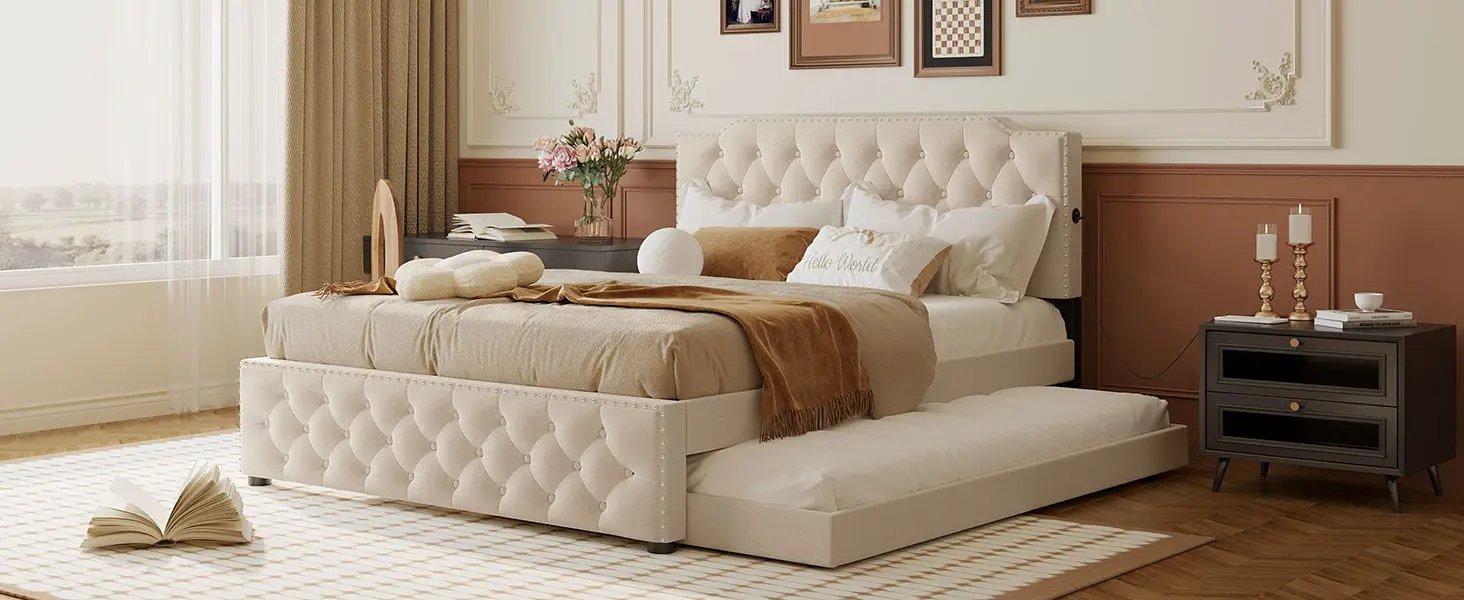 Upholstered Platform Bed With Trundle And 2 Sets Of USB Ports On Each Side, Fabric by HouseOfZazla
