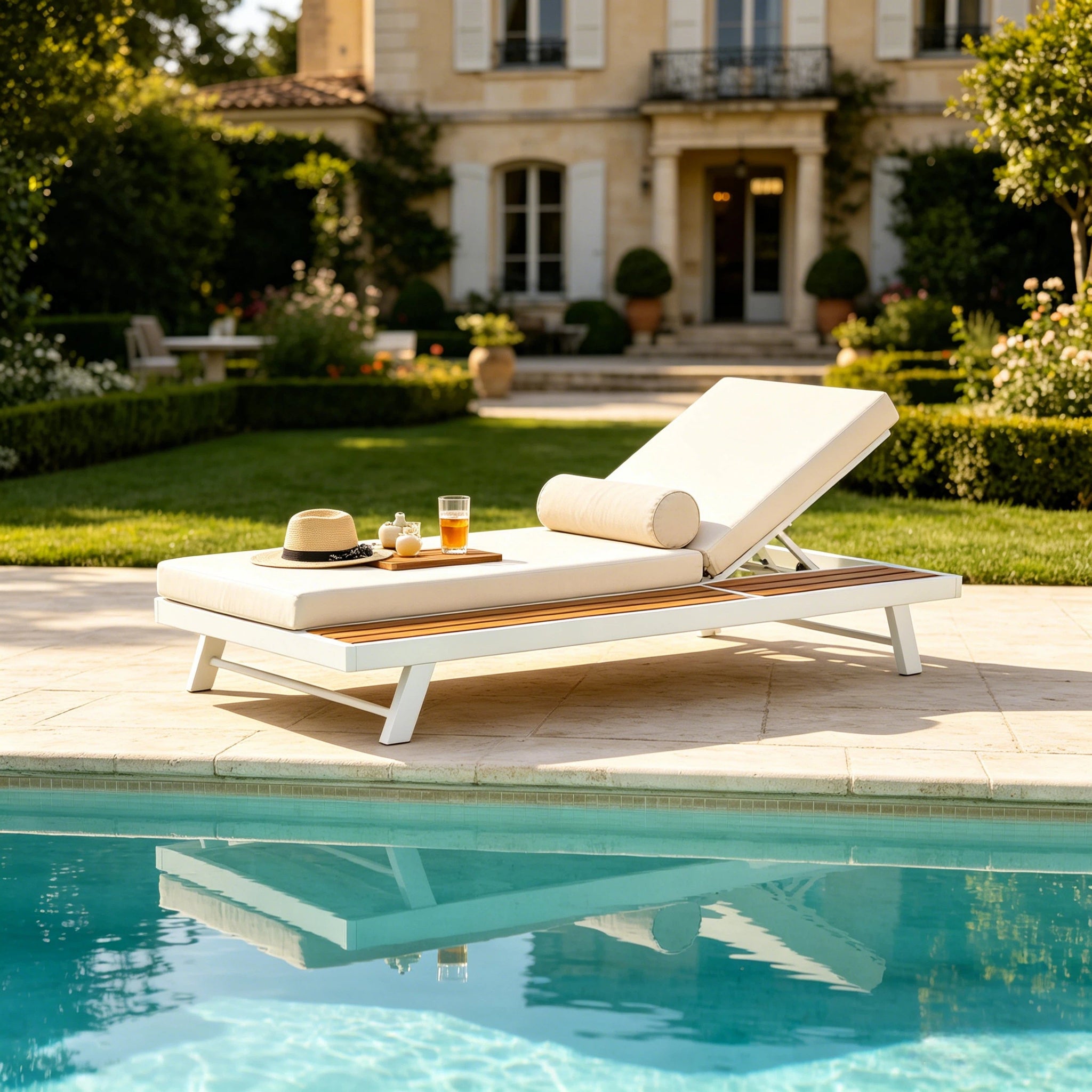 White Iron and Teak Finish Chaise Lounge Set with Cream Cushion by HouseOfZazla