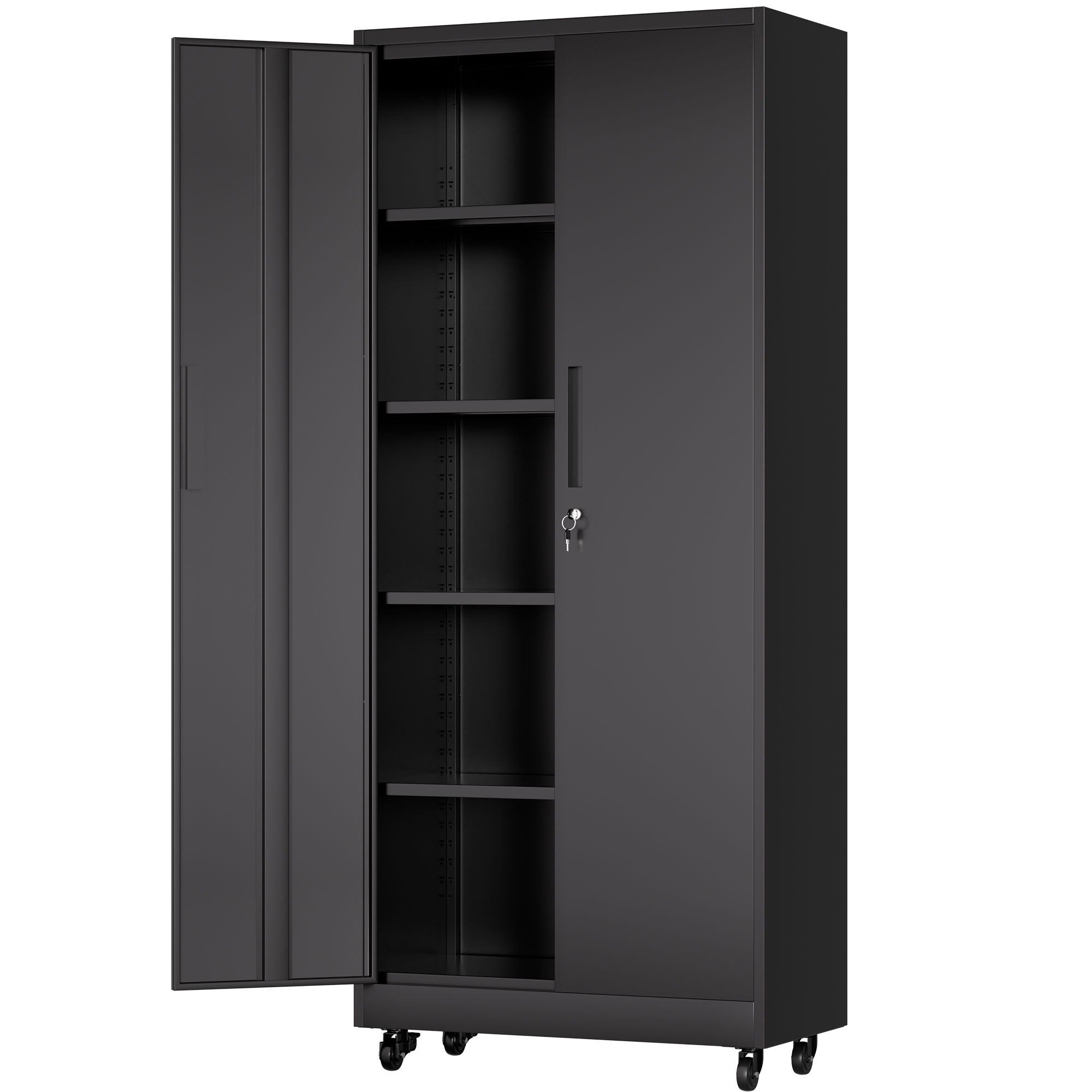 Storage Cabinet With Wheels And Lock, 4 Adjustable Shelves, 3 Point Locking Security, For Tool Organization In Garage - Black by HouseOfZazla