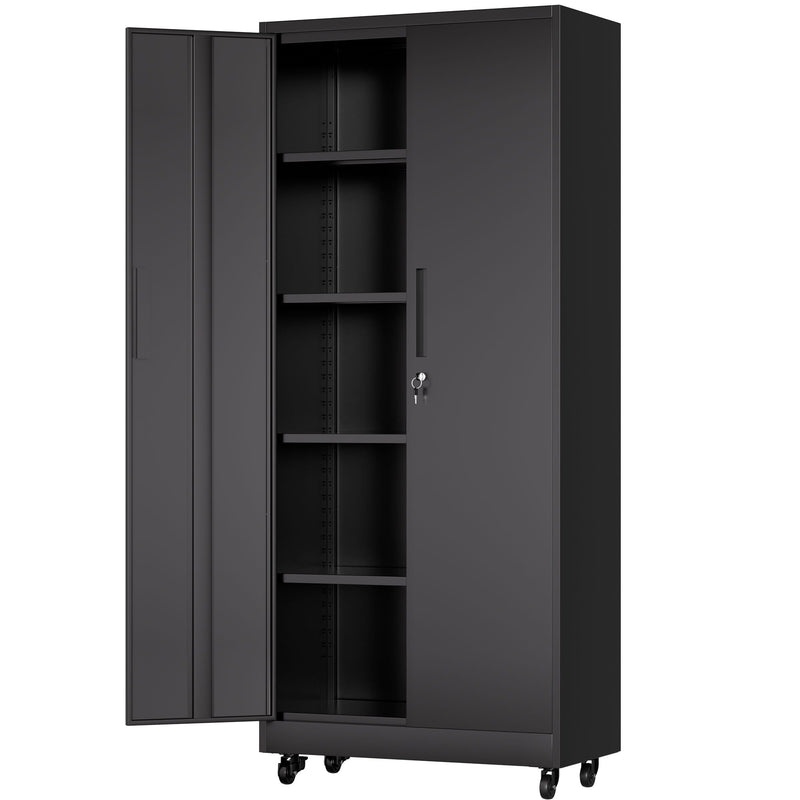 Storage Cabinet With Wheels And Lock, 4 Adjustable Shelves, 3 Point Locking Security, For Tool Organization In Garage - Black by HouseOfZazla