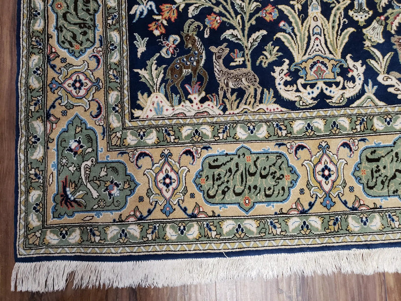 Semi Antique Persian Qum Tree of Life Rug, Hand-Knotted, Wool, Midnight Blue and Tan, Animal Pictorials, Written Poem in Borders, 4' 8" x 7' 8" by Jewel Rugs