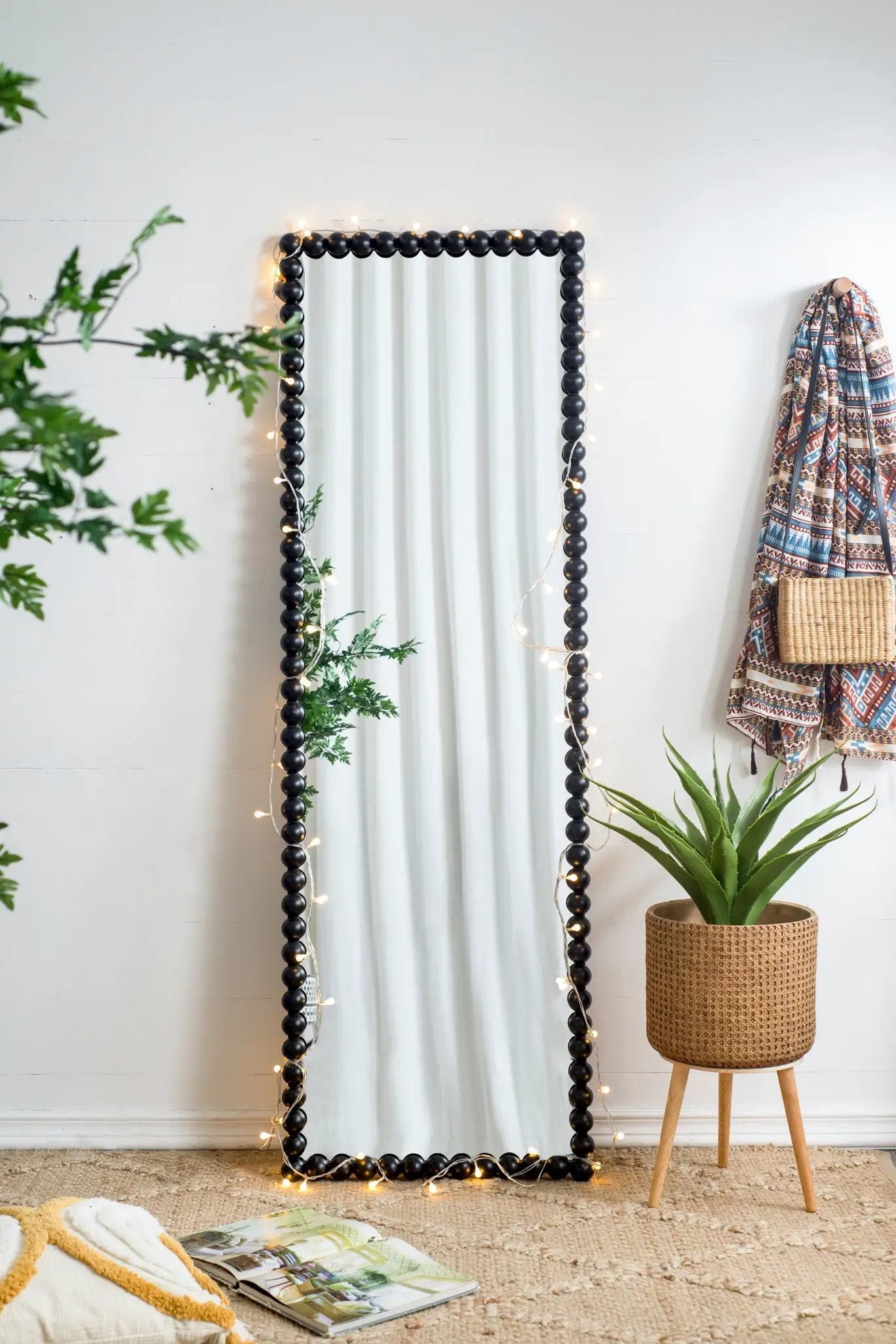 Full Length Mirror With Metal Beaded Frame, Rectangular Oversized Mirror For Living Room Bedroom - Black by Unique Piece Furniture