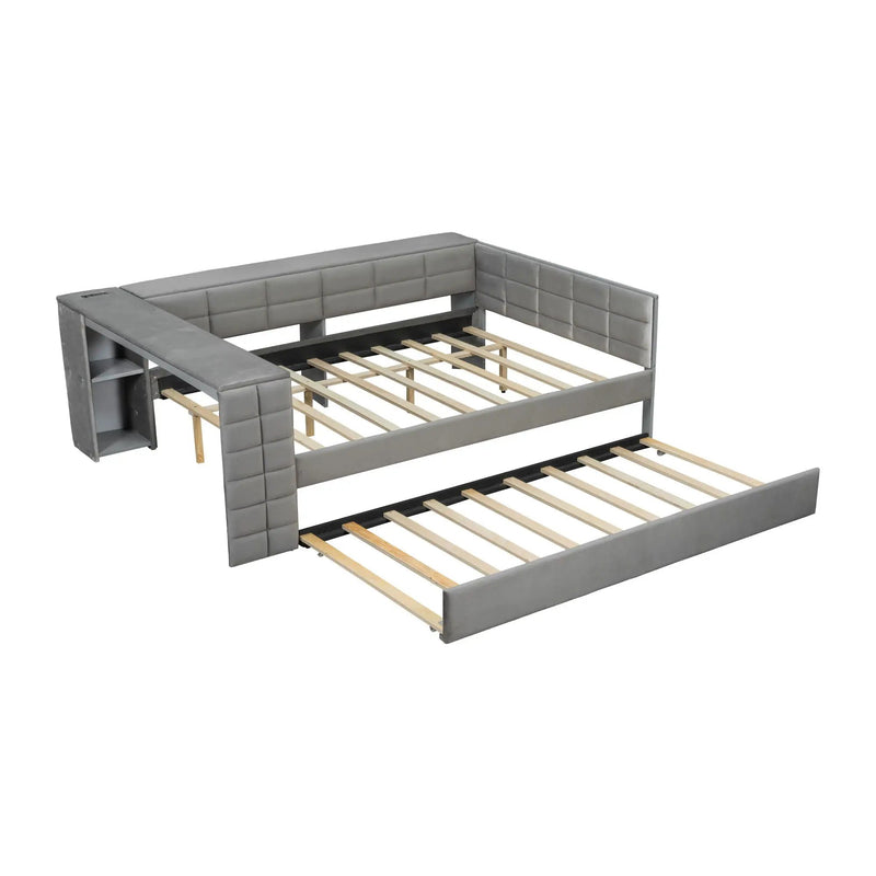 Upholstered Platform Bed With Storage Shelves, Desk, Charging Station And Trundle