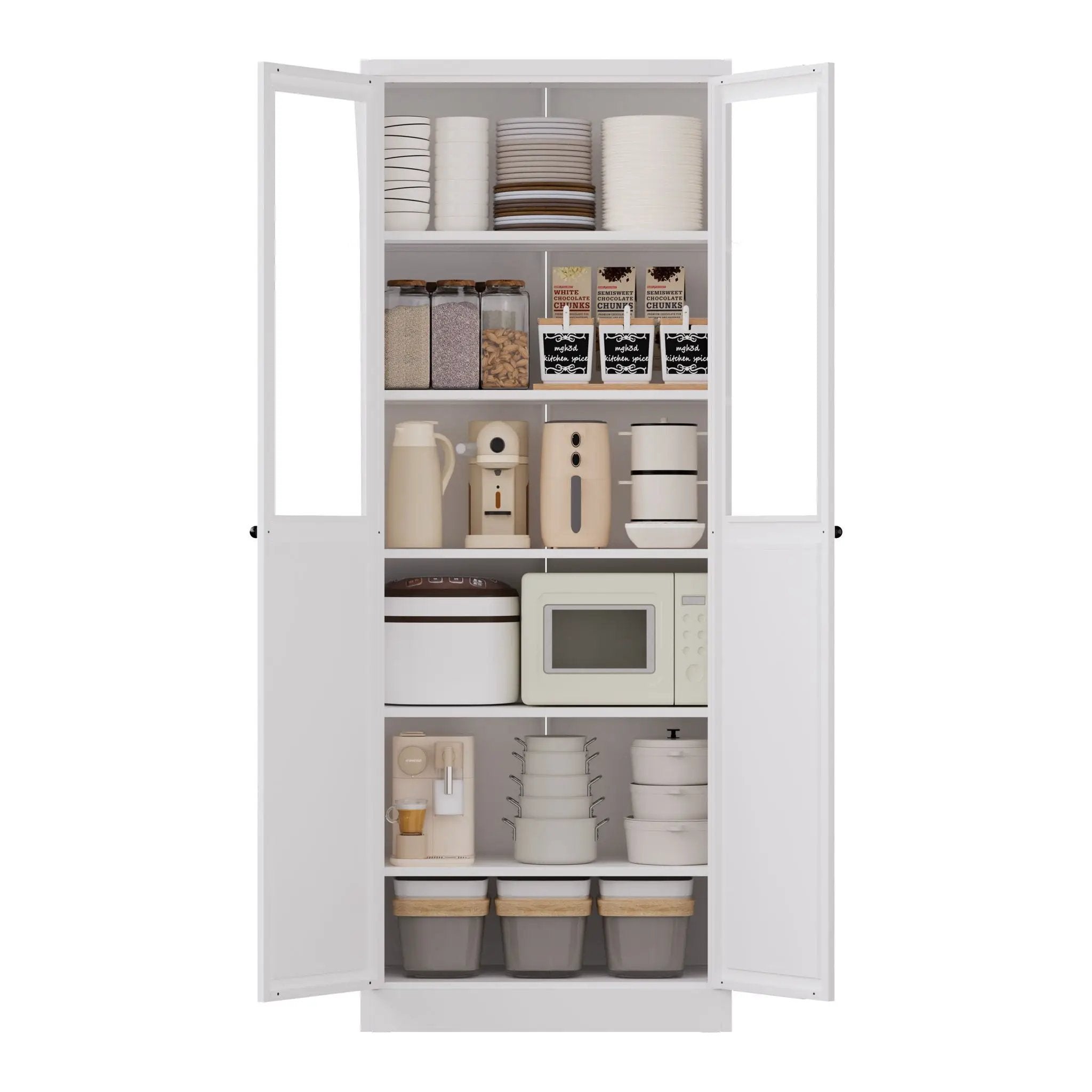 Tall Metal Kitchen Pantry Cabinet With Adjustable Shelves And Silent Magnetic Doors - White by HouseOfZazla