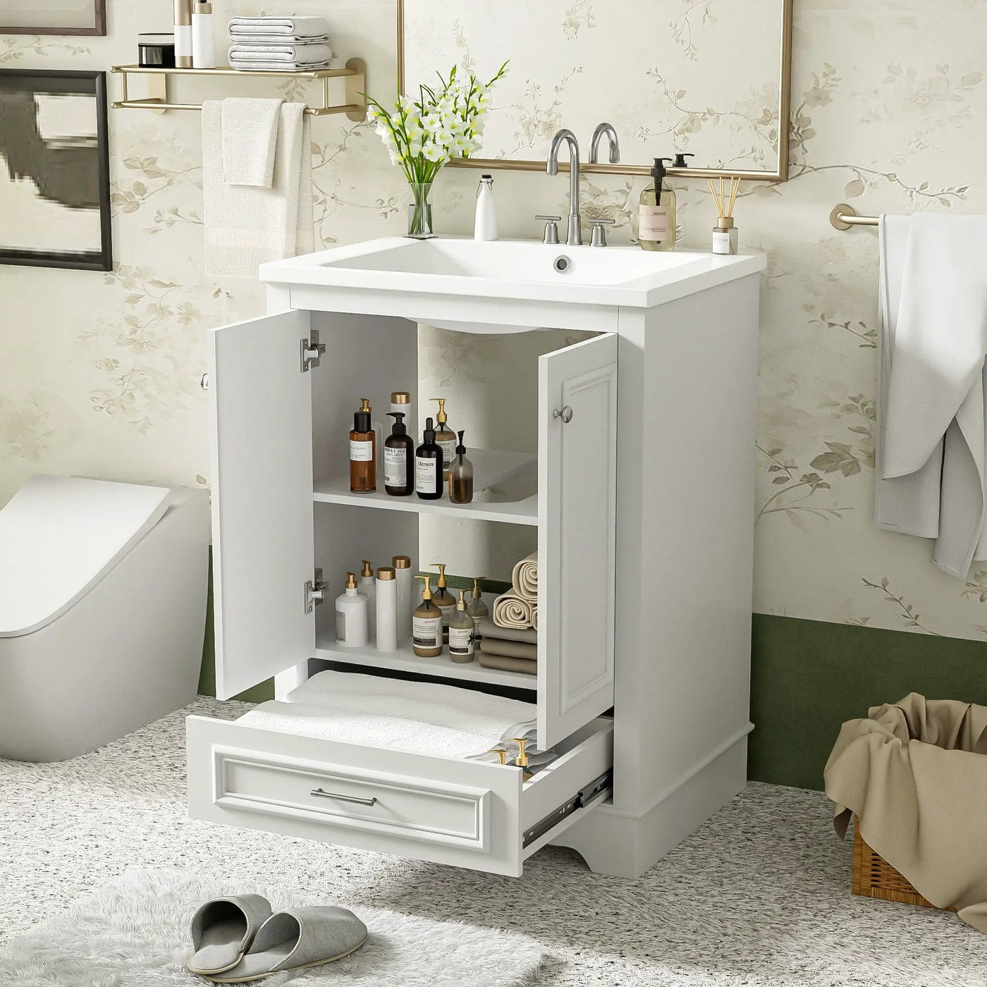 Bathroom Vanity With Ceramic Sink Combo, Modern Freestanding Storage Cabinet With Silver Handles by HouseOfZazla
