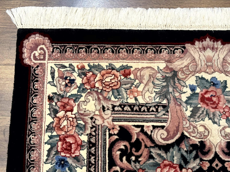 Aubusson Rug 4x6, Elegant European Floral Design, Black and Ivory, Fine 200 KPSI by Jewel Rugs